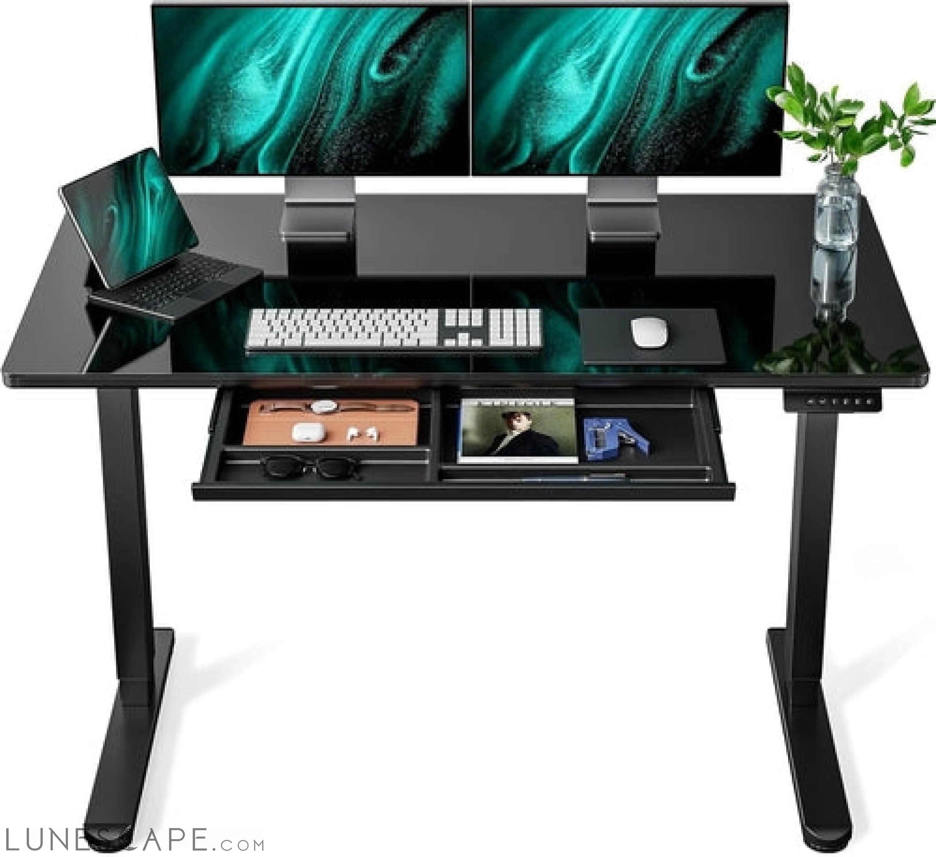 Glass Electric Standing Desk with Drawer, 48 X 24 Inches LUNESCAPE