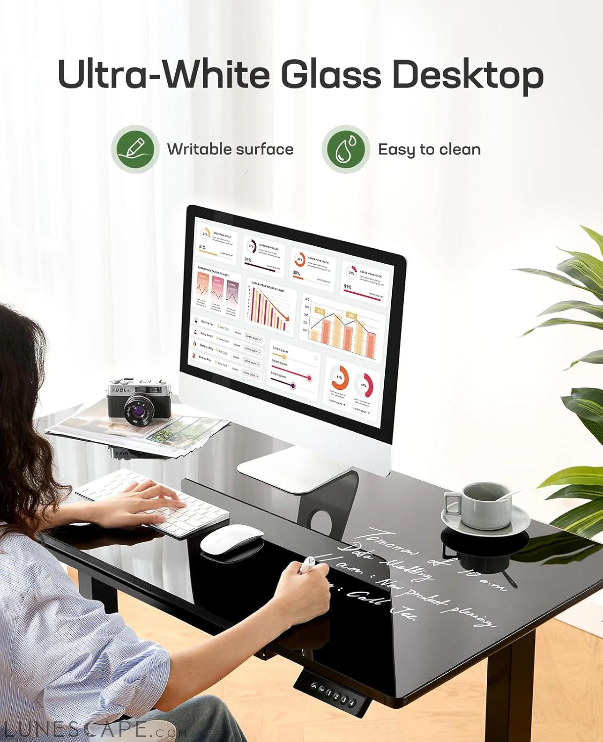 Glass Electric Standing Desk with Drawer, 48 X 24 Inches LUNESCAPE