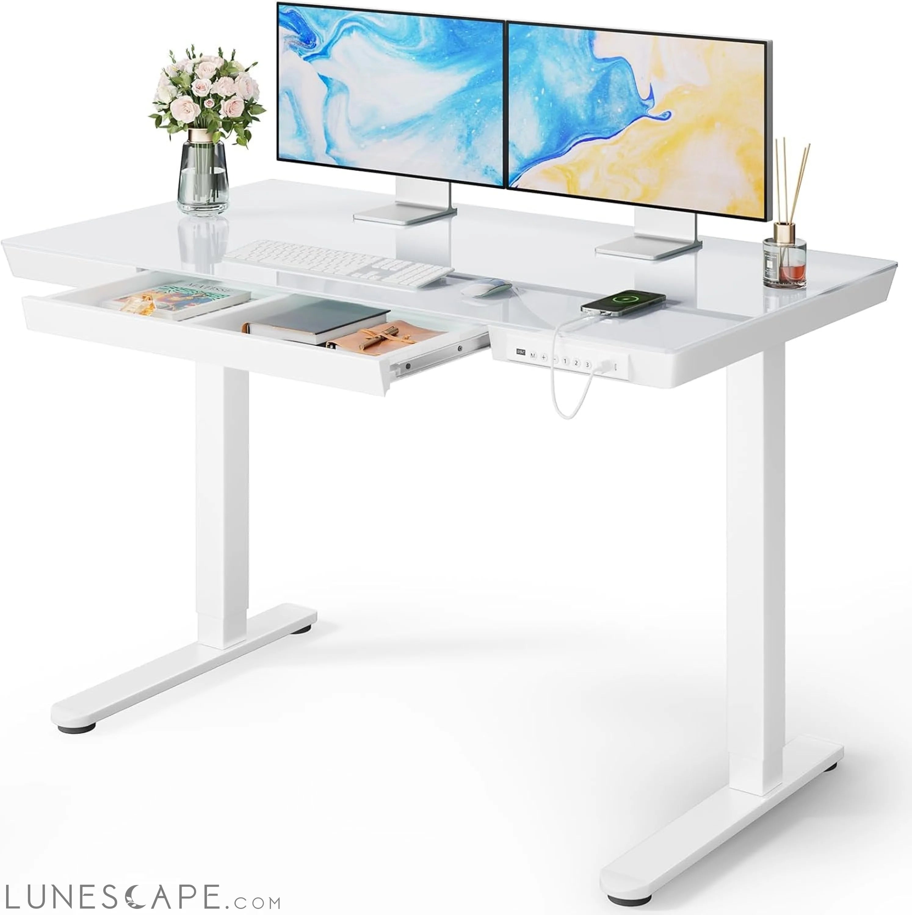 Glass Standing Desk with Drawer, 48 X 24 Inch Electric Standing Desk, LUNESCAPE