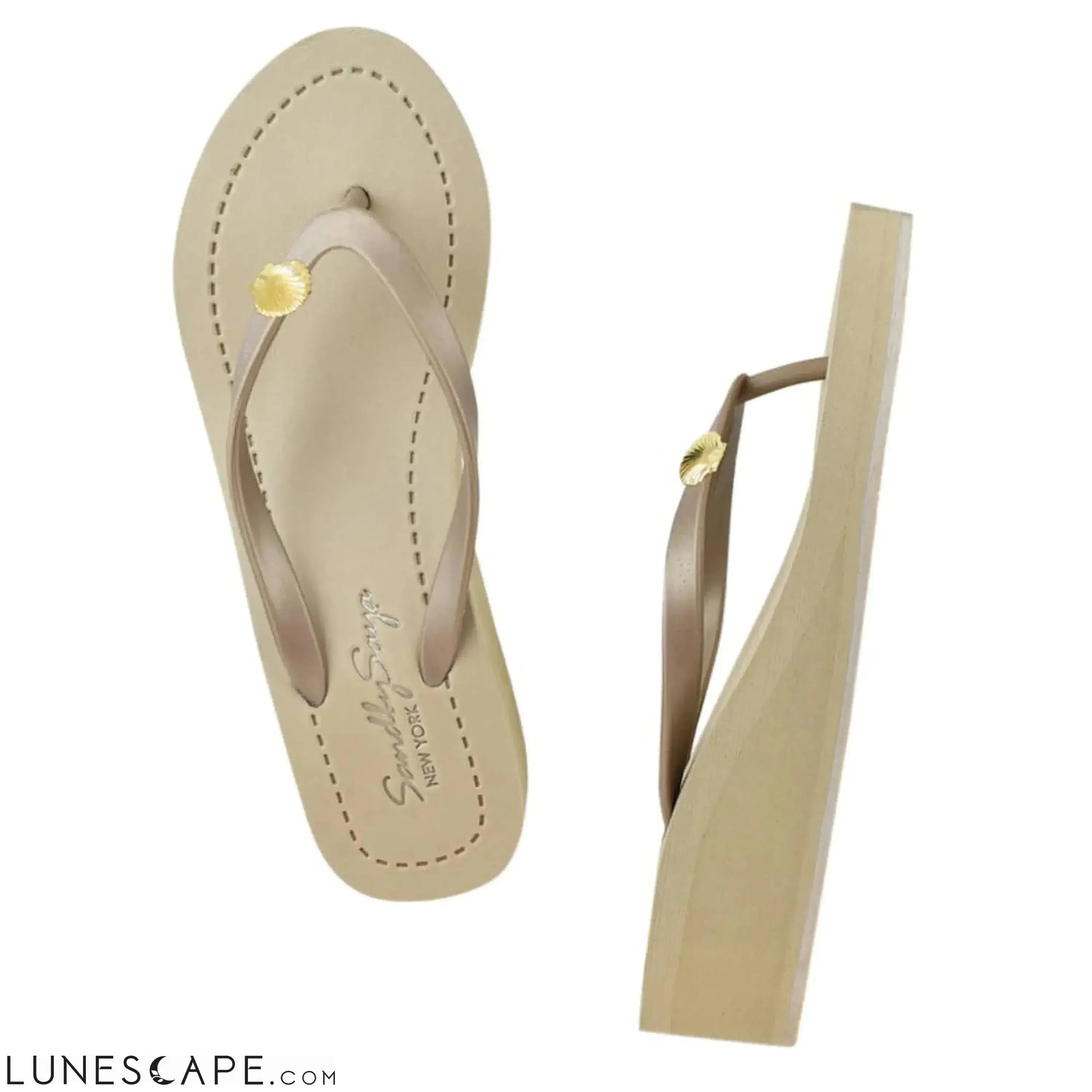 Gold Shell - Mid Wedge Flip Flops Sandals Studs Charm LUNESCAPE