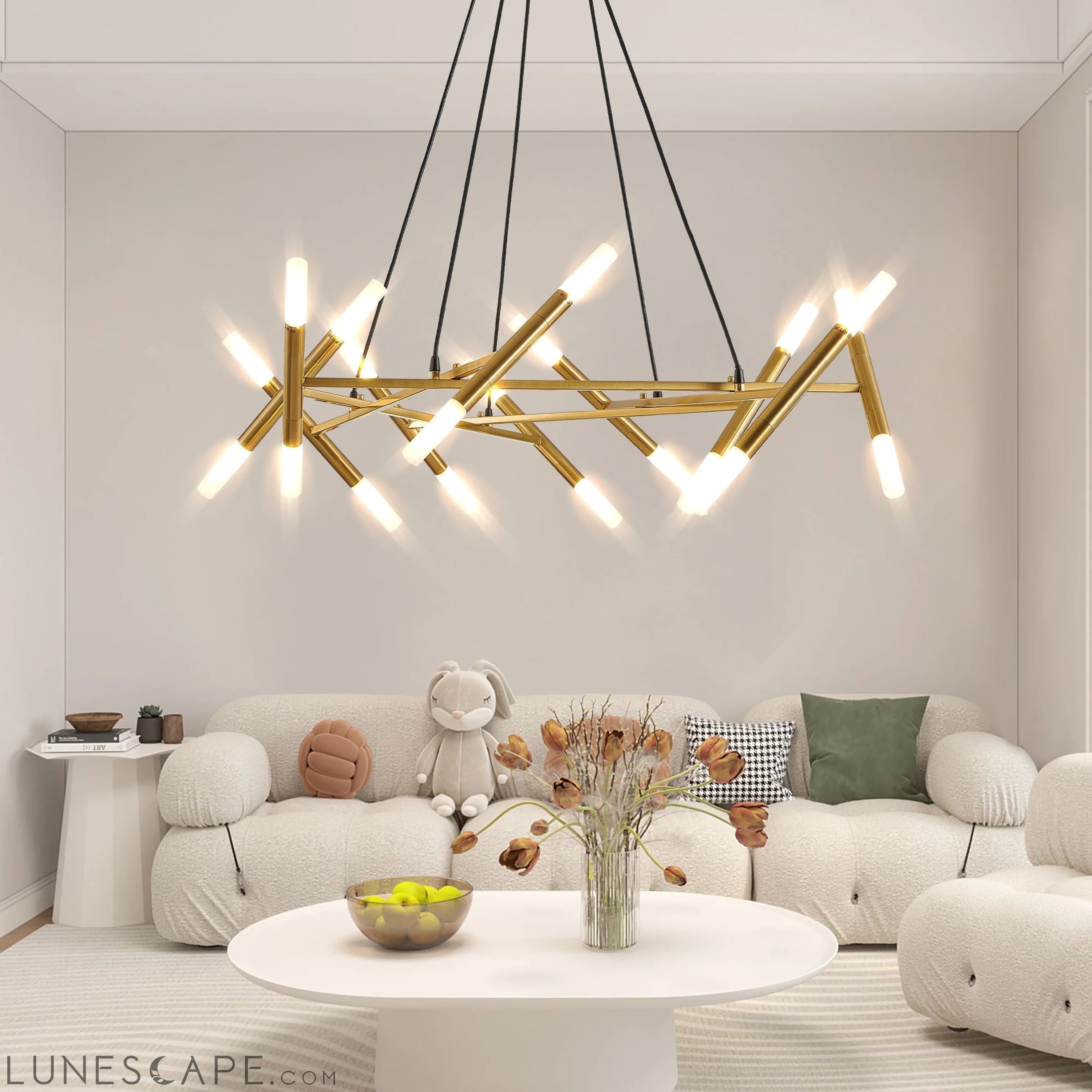 Golden Modern Chandelier Light Fixture, Frosted Glass Branch Design LUNESCAPE