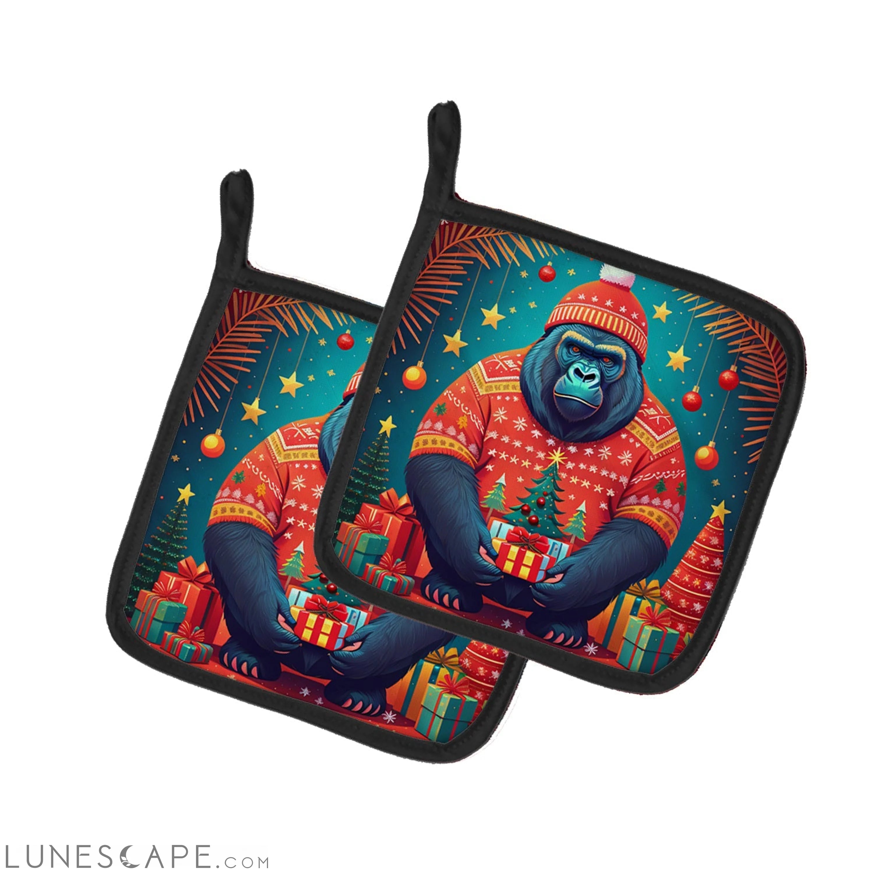 Gorilla Christmas Pair of Pot Holders LUNESCAPE