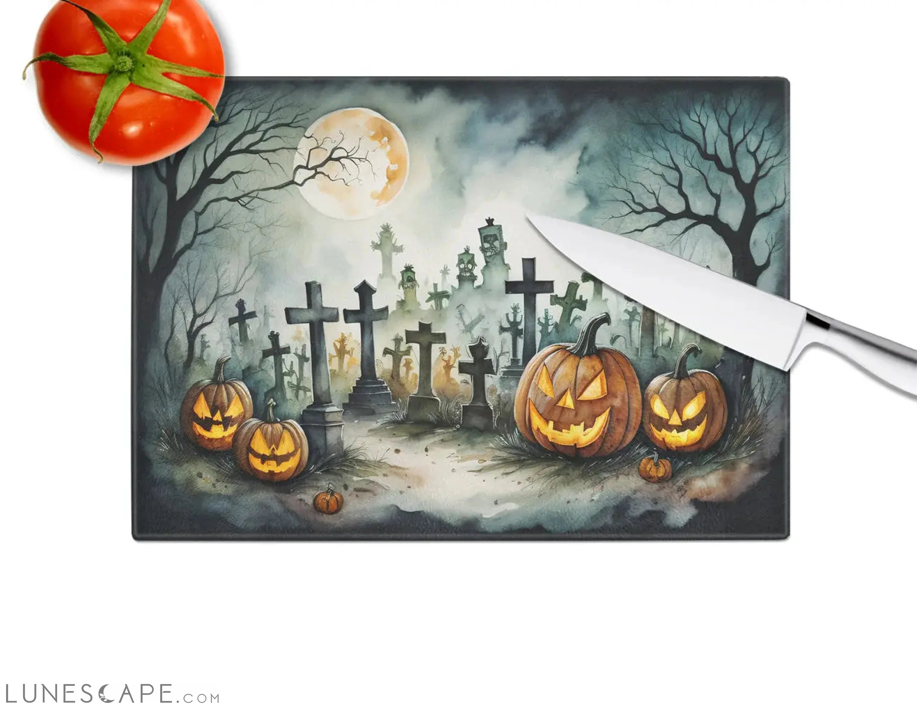 Graveyard Spooky Halloween Glass Cutting Board LUNESCAPE