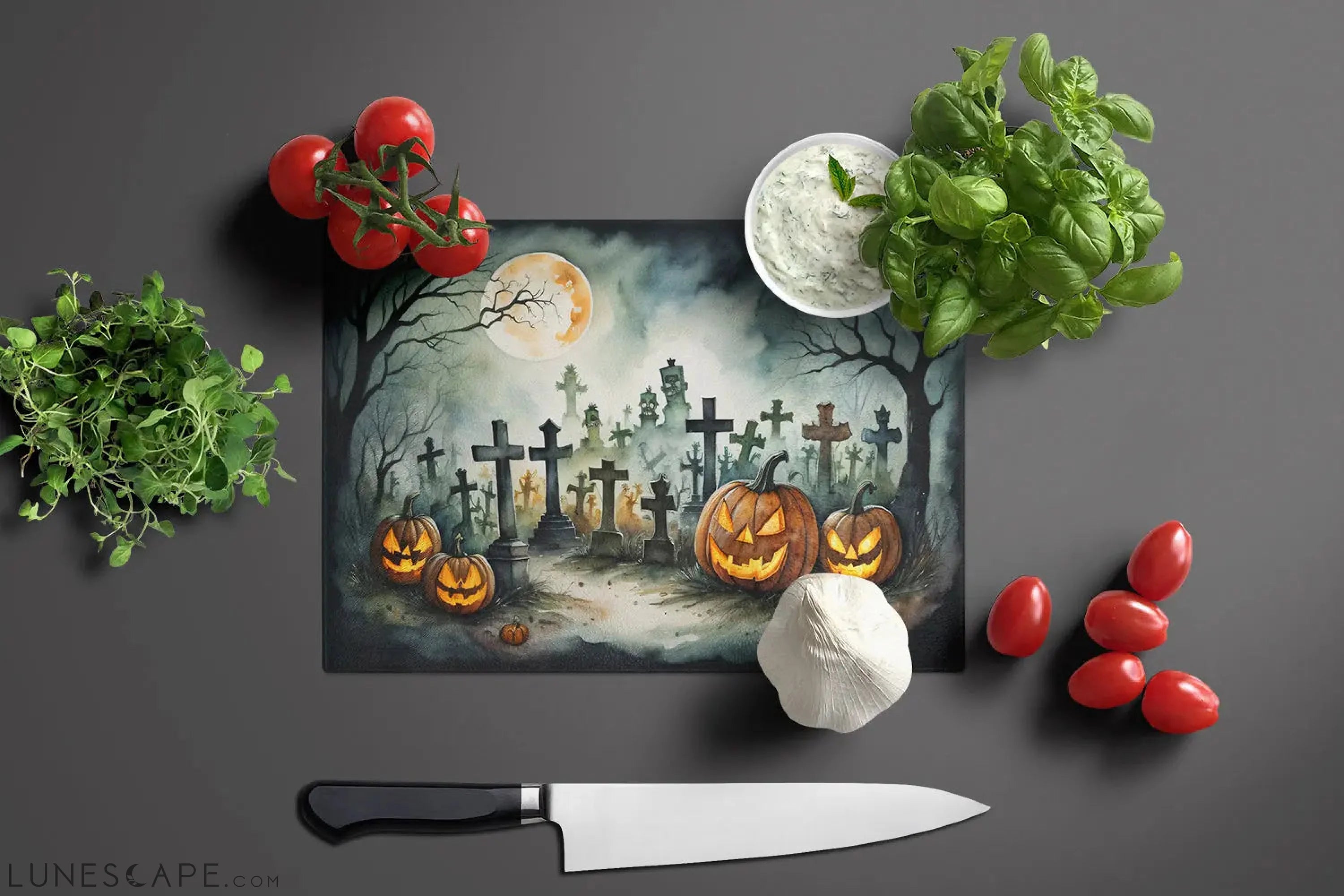 Graveyard Spooky Halloween Glass Cutting Board LUNESCAPE