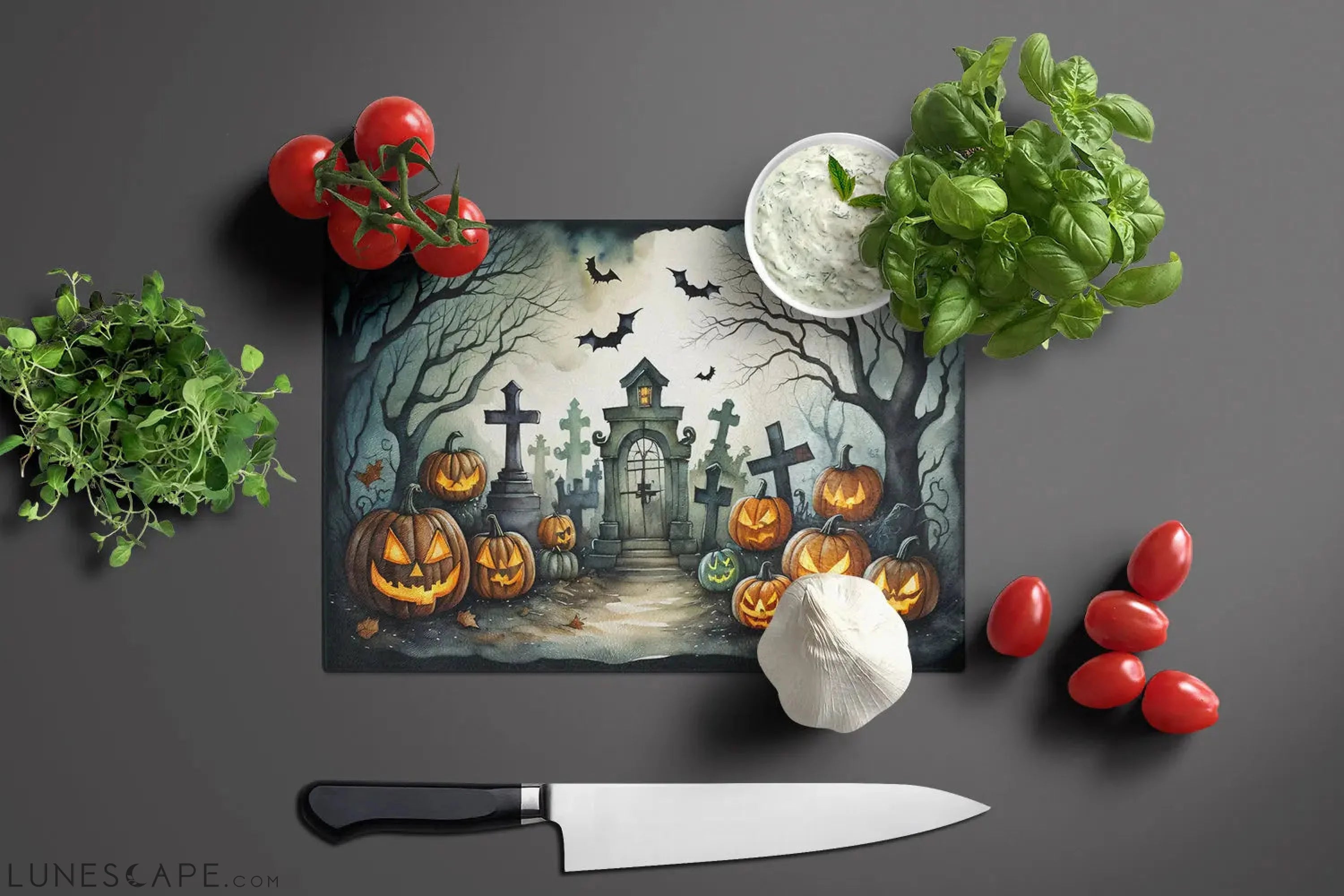 Graveyard Spooky Halloween Glass Cutting Board LUNESCAPE