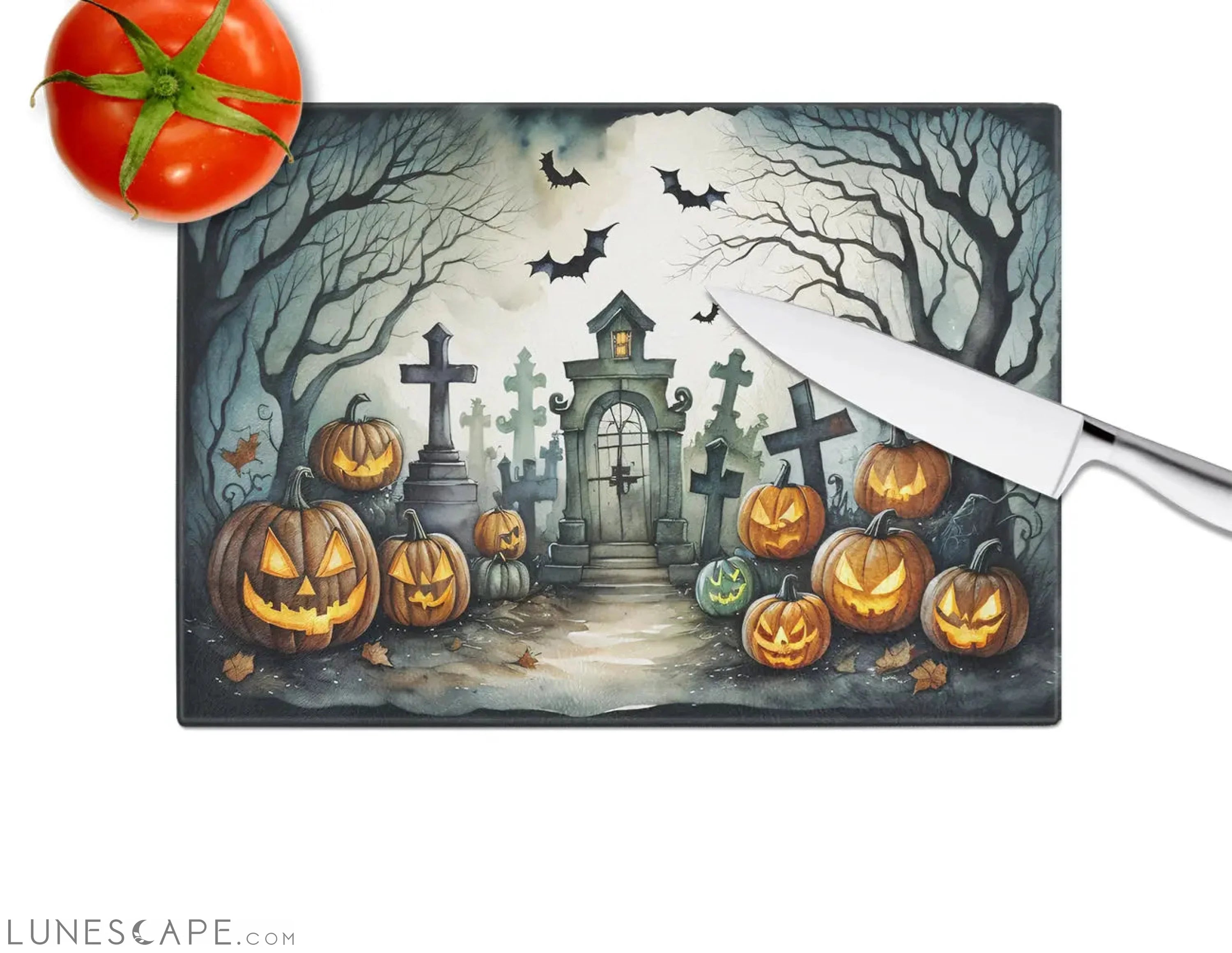 Graveyard Spooky Halloween Glass Cutting Board LUNESCAPE