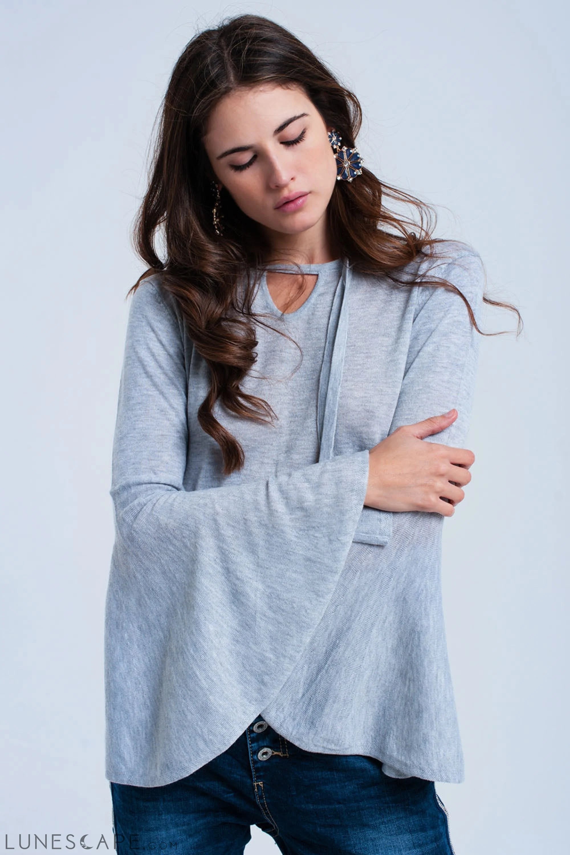 Gray Sweater With Bell Sleeves LUNESCAPE