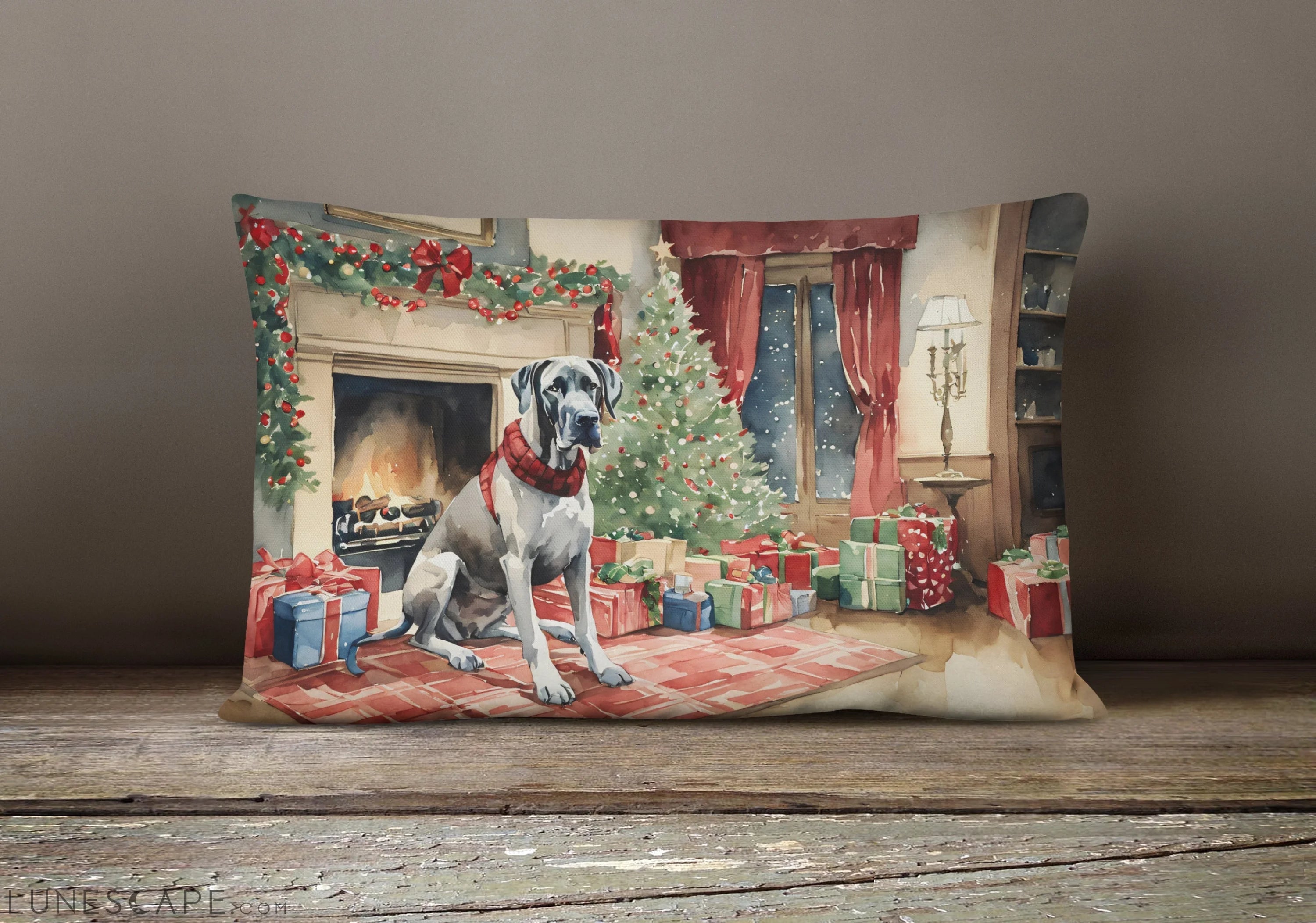 Great Dane Cozy Christmas Throw Pillow LUNESCAPE