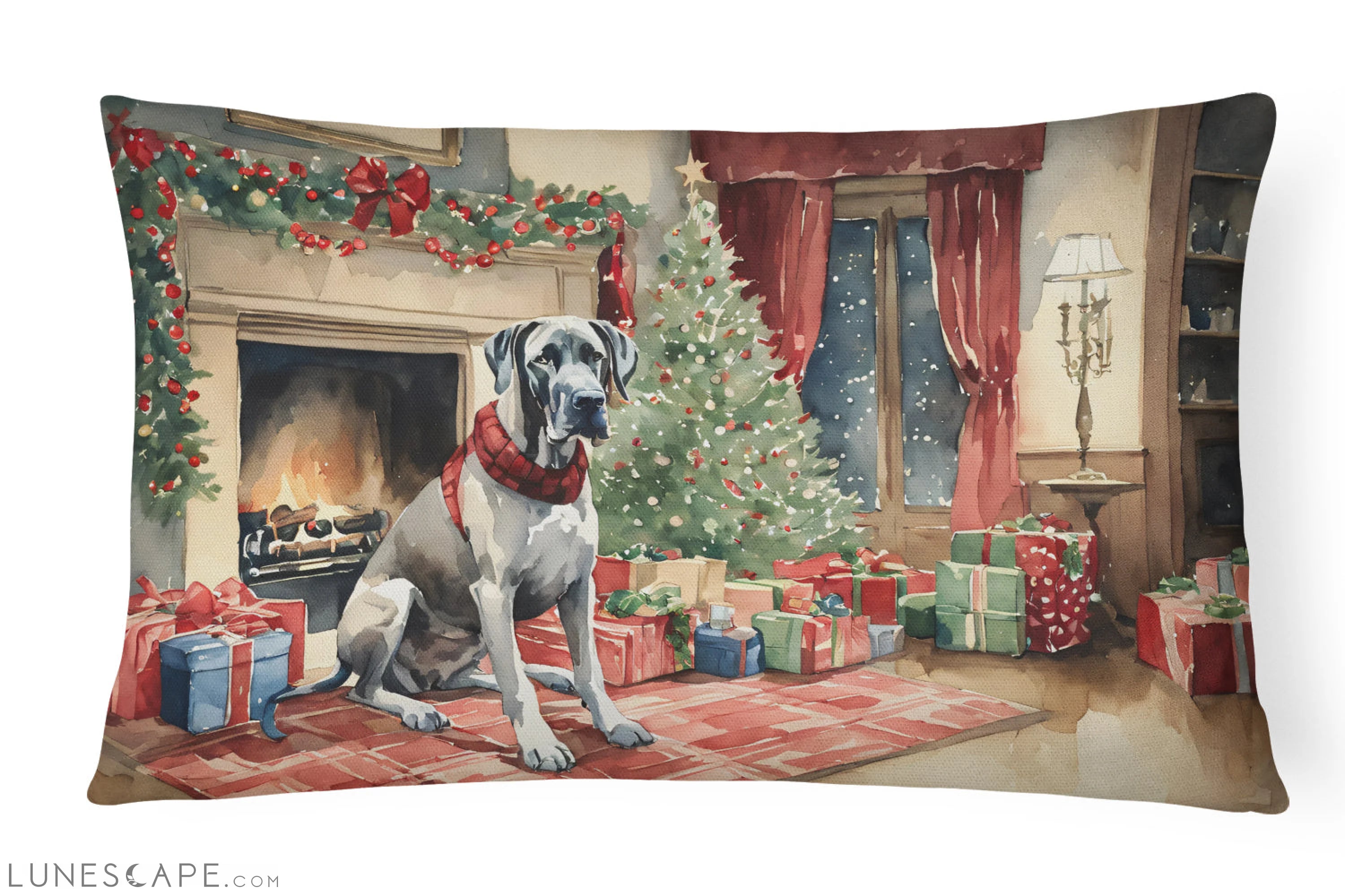 Great Dane Cozy Christmas Throw Pillow LUNESCAPE