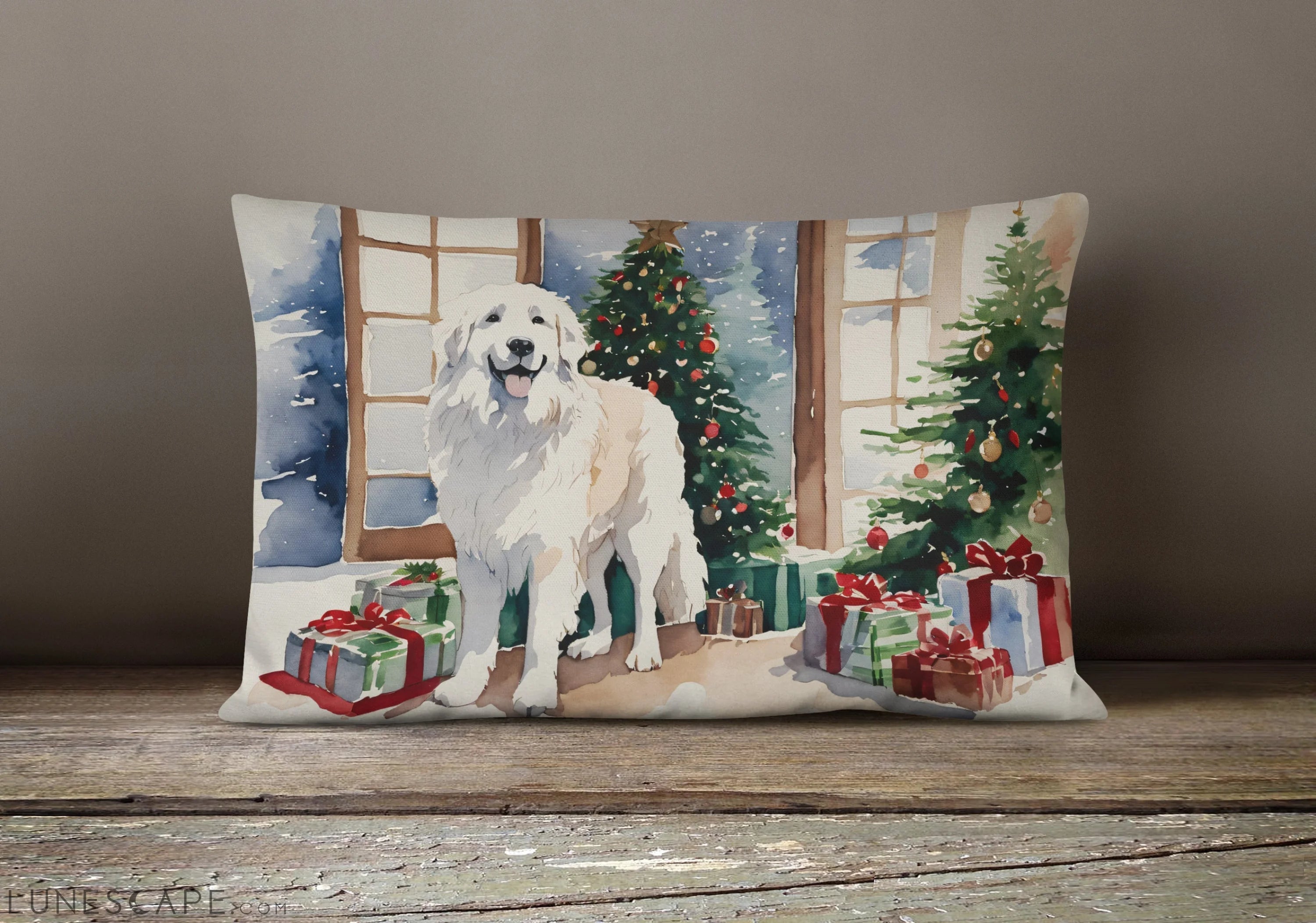 Great Pyrenees Cozy Christmas Throw Pillow LUNESCAPE