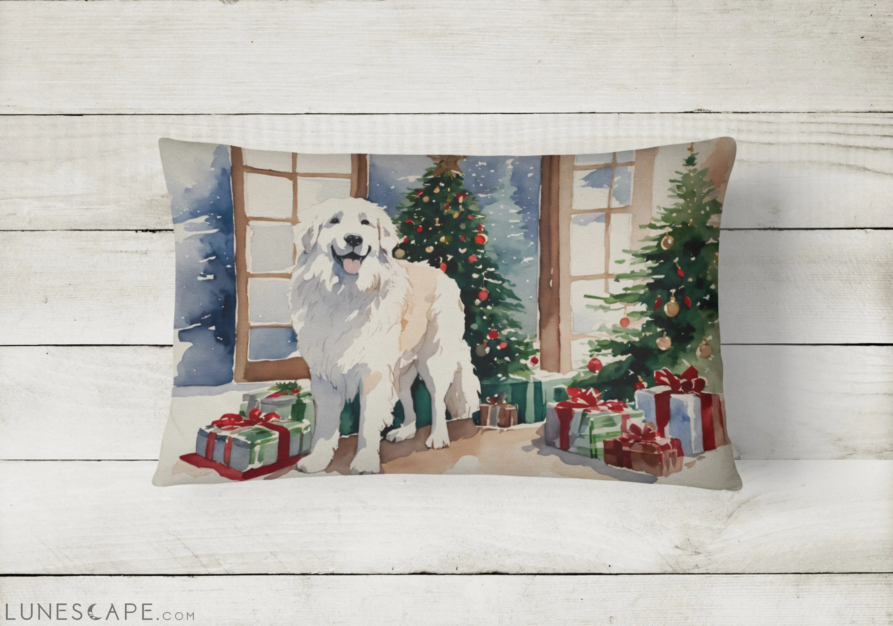 Great Pyrenees Cozy Christmas Throw Pillow LUNESCAPE