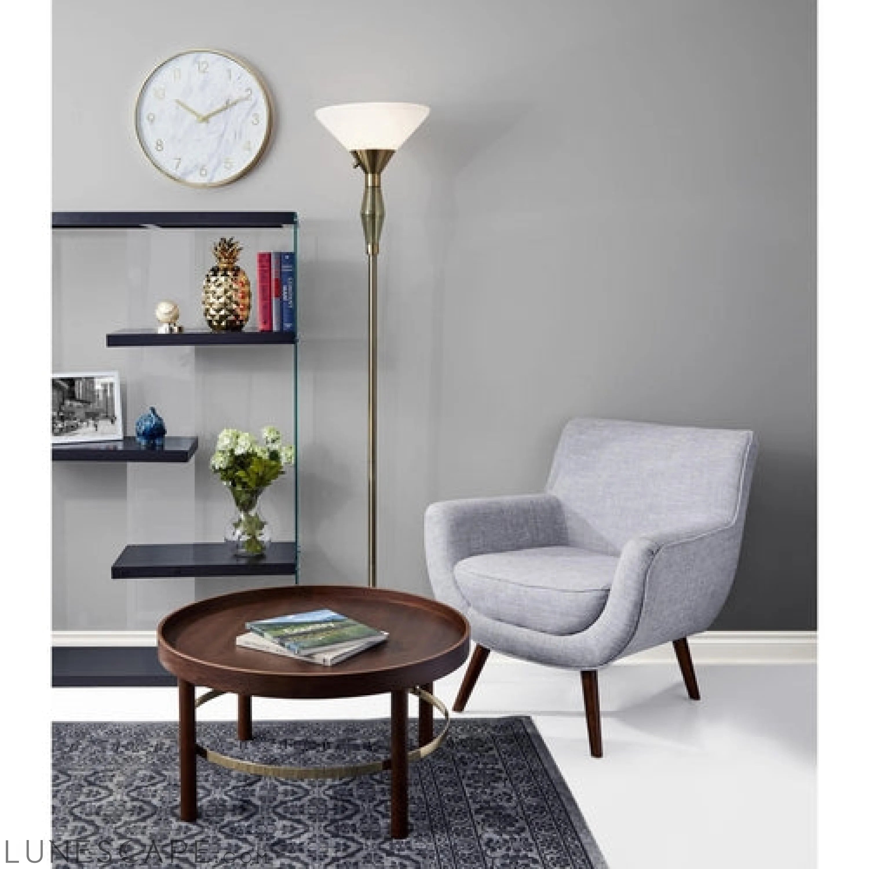 Green Glass Bauble Torchiere Floor Lamp in Burnished Brass Finish LUNESCAPE