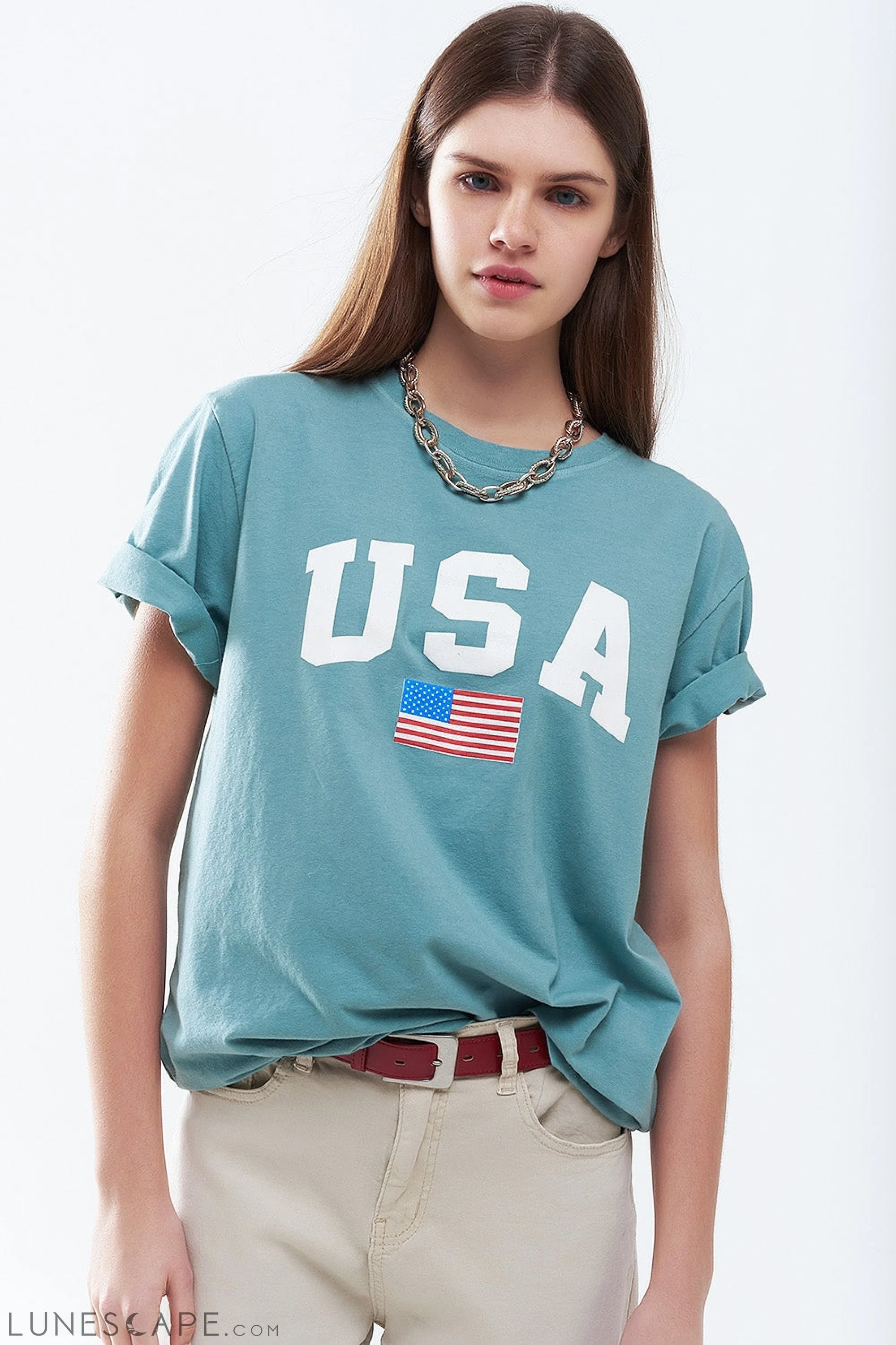 Green Loose Long T-Shirt With USA Logo LUNESCAPE