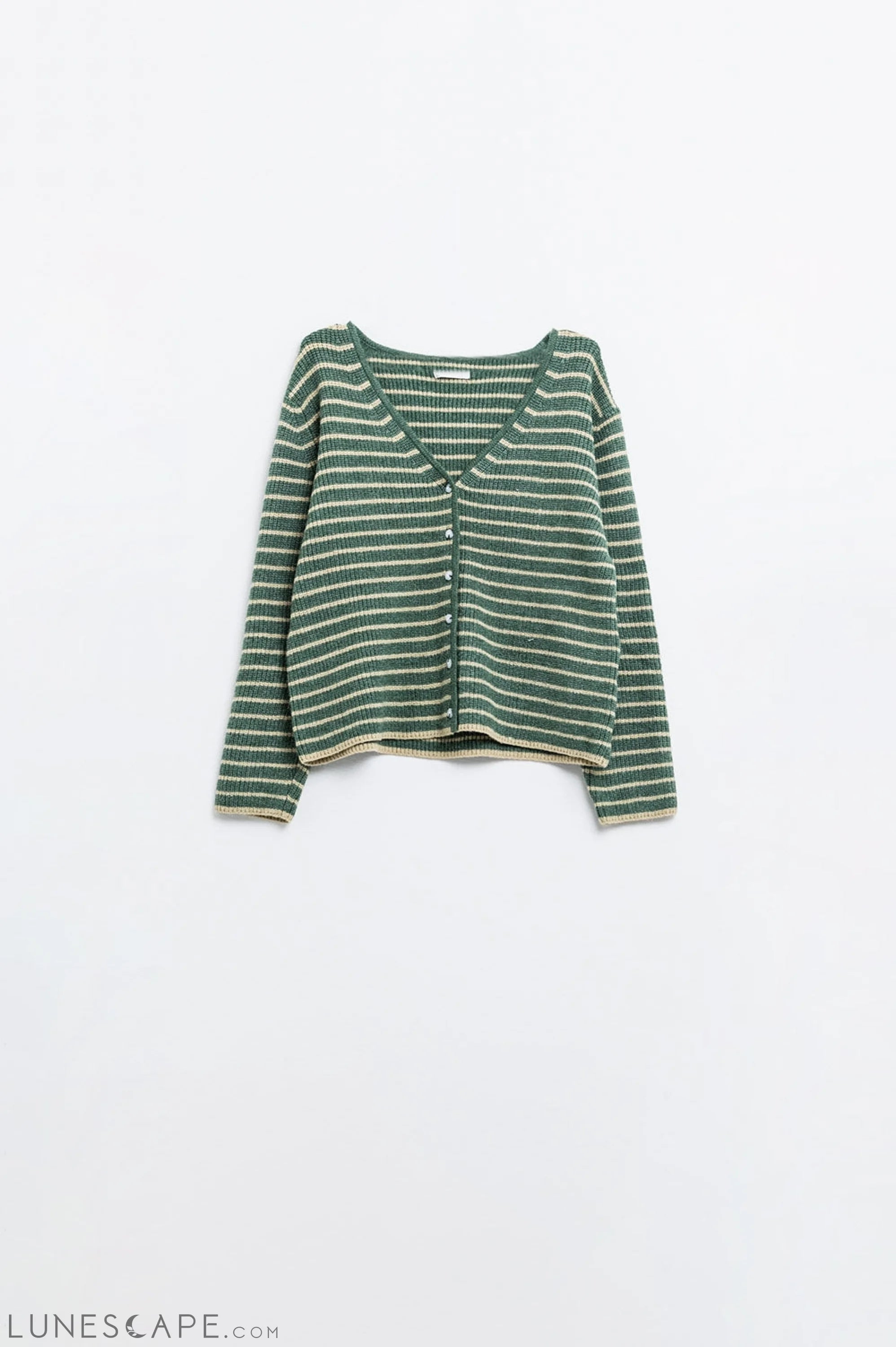 Green Striped Textured Knit Cardigan LUNESCAPE