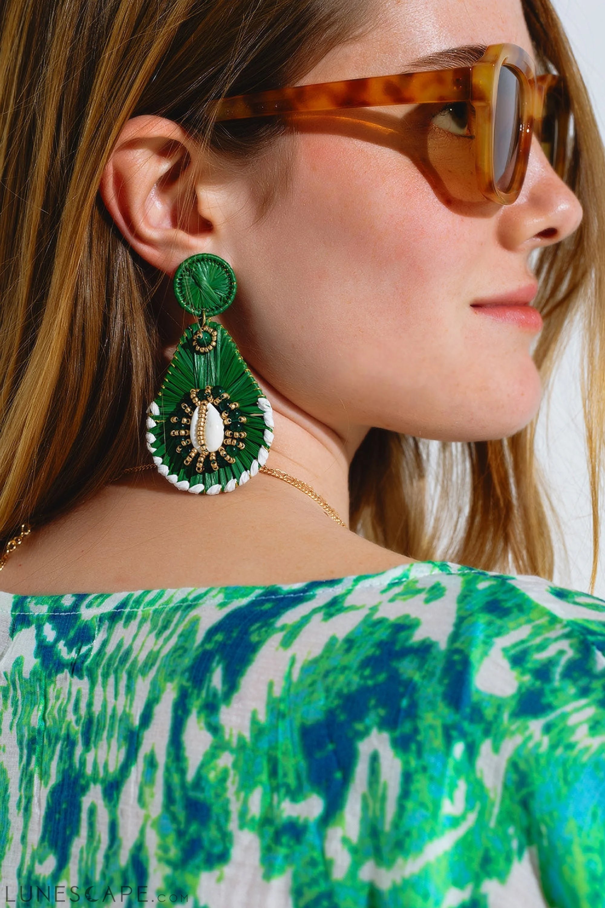 Green Waterdrop Earrings With Embellishments LUNESCAPE