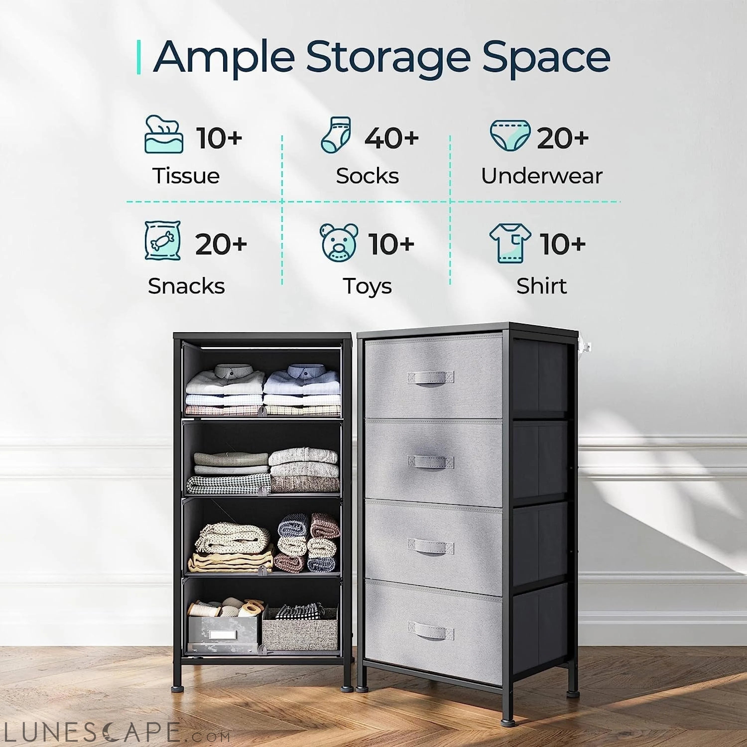 Greige Dresser with 9 Textured Print Fabric Drawers LUNESCAPE