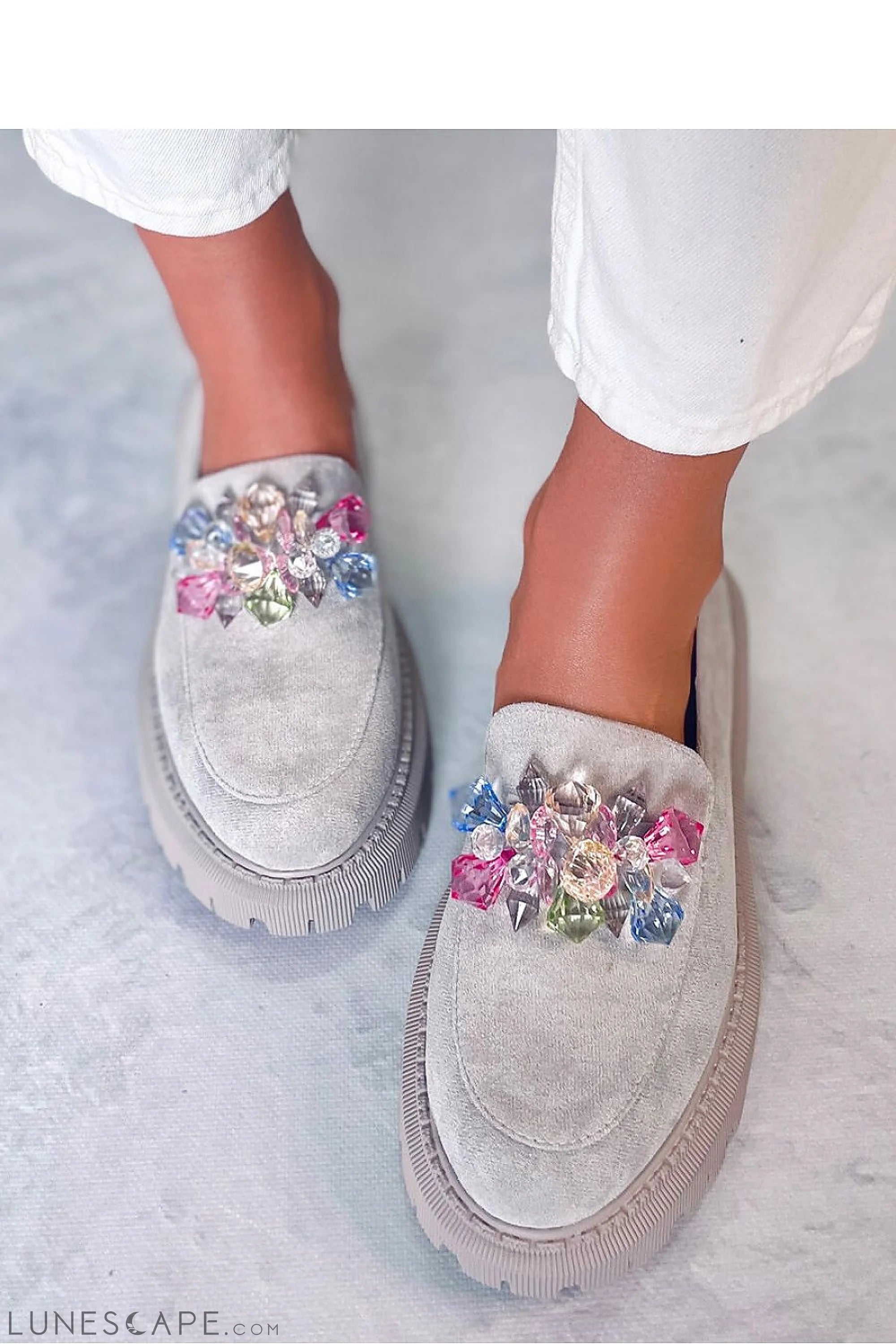 Grey Eco-Suede Chunky Sole Loafers with Multicolor Crystal Cluster LUNESCAPE