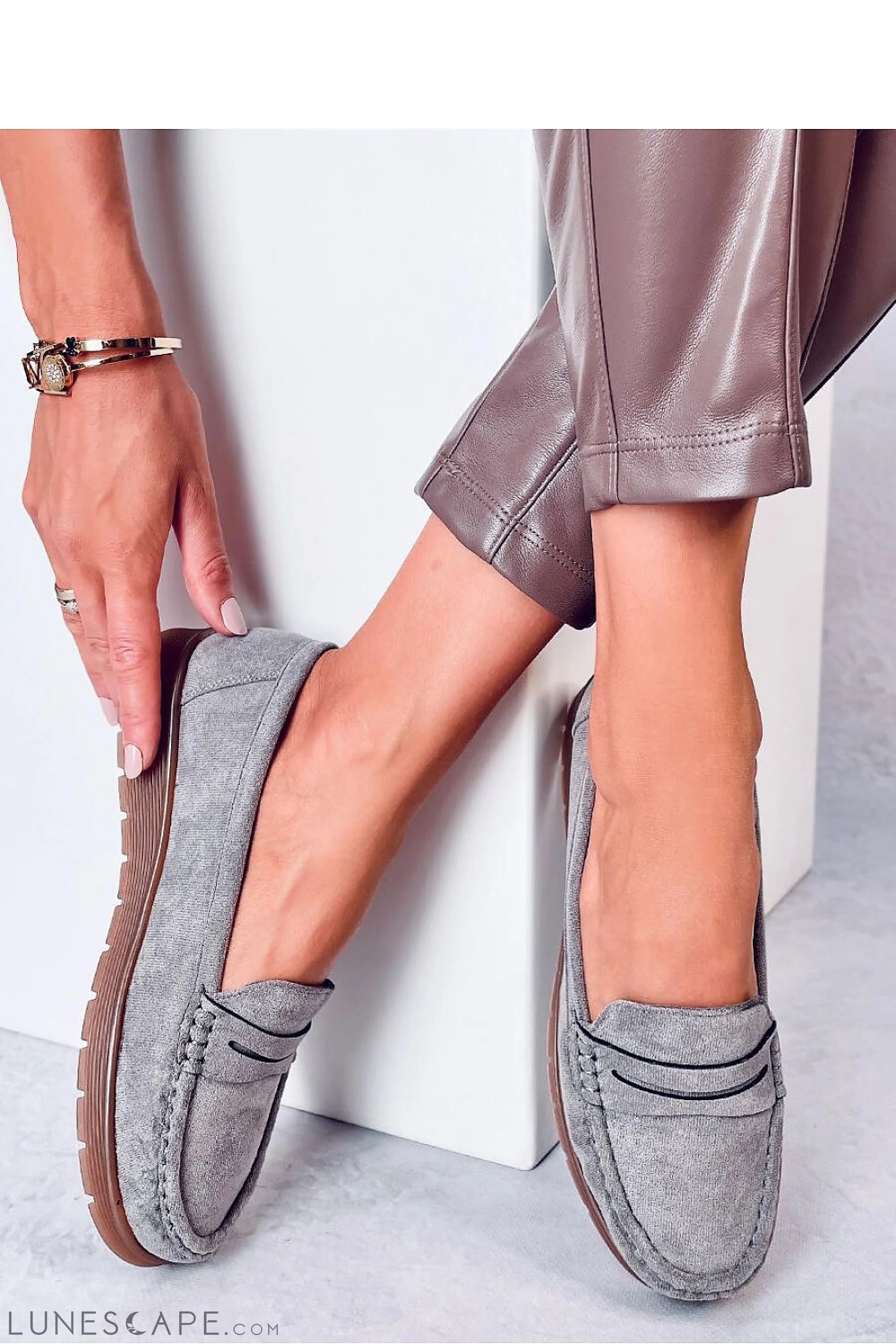 Grey Eco-Suede Women’s Loafers with Penny Slot and Brown Sole LUNESCAPE