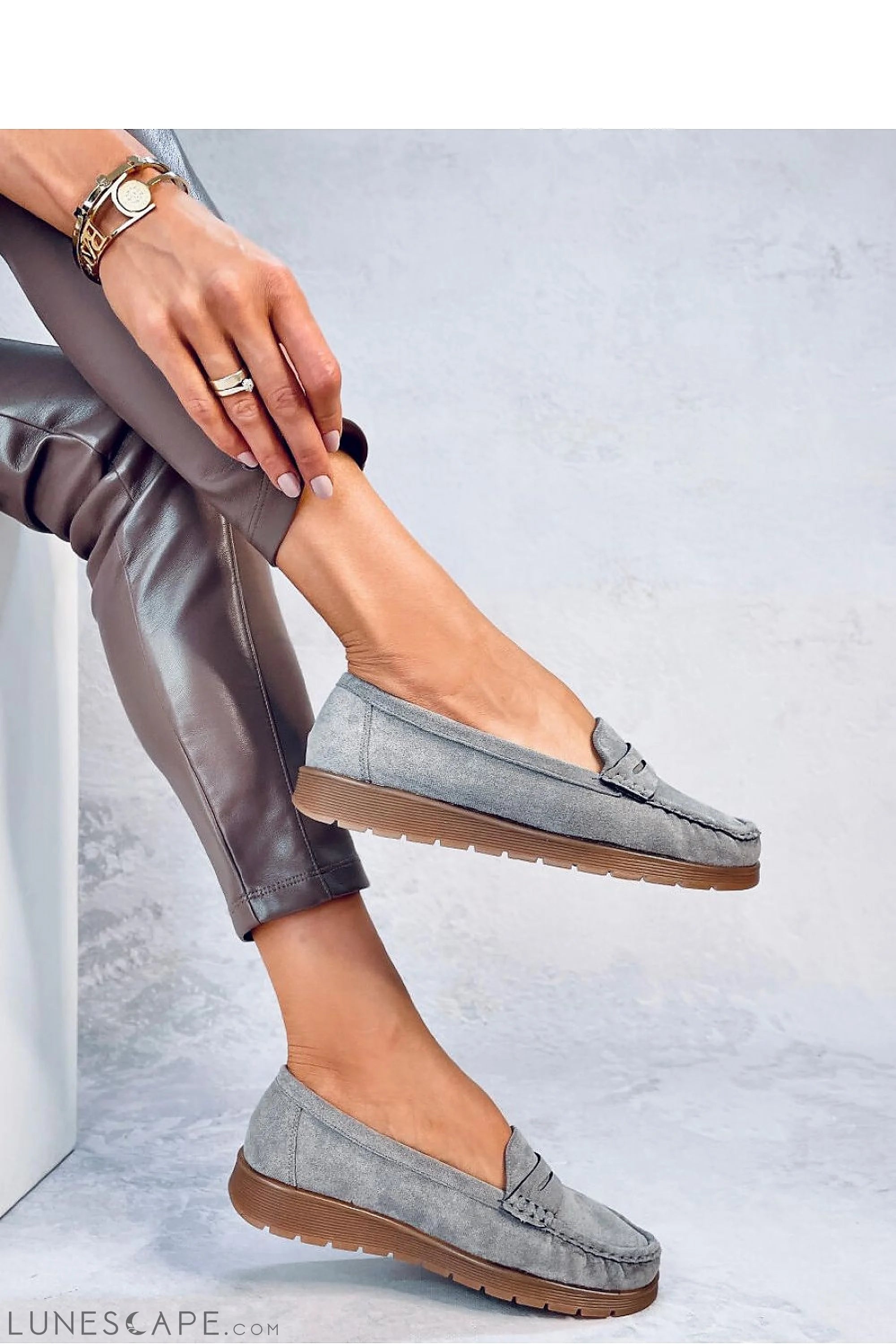 Grey Eco-Suede Women’s Loafers with Penny Slot and Brown Sole LUNESCAPE