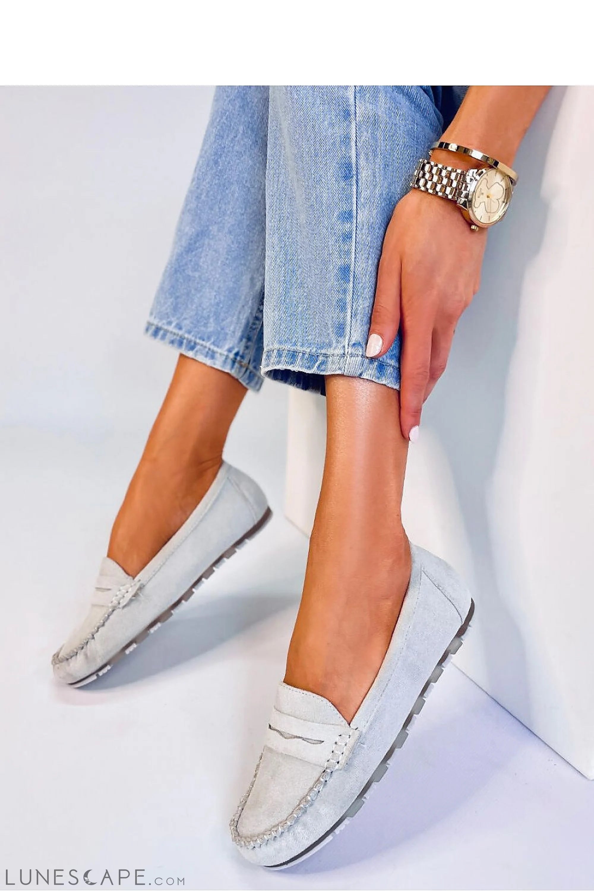 Grey Mist Eco-Suede Women's Loafers – Moc Toe with Flexible Driving Sole LUNESCAPE