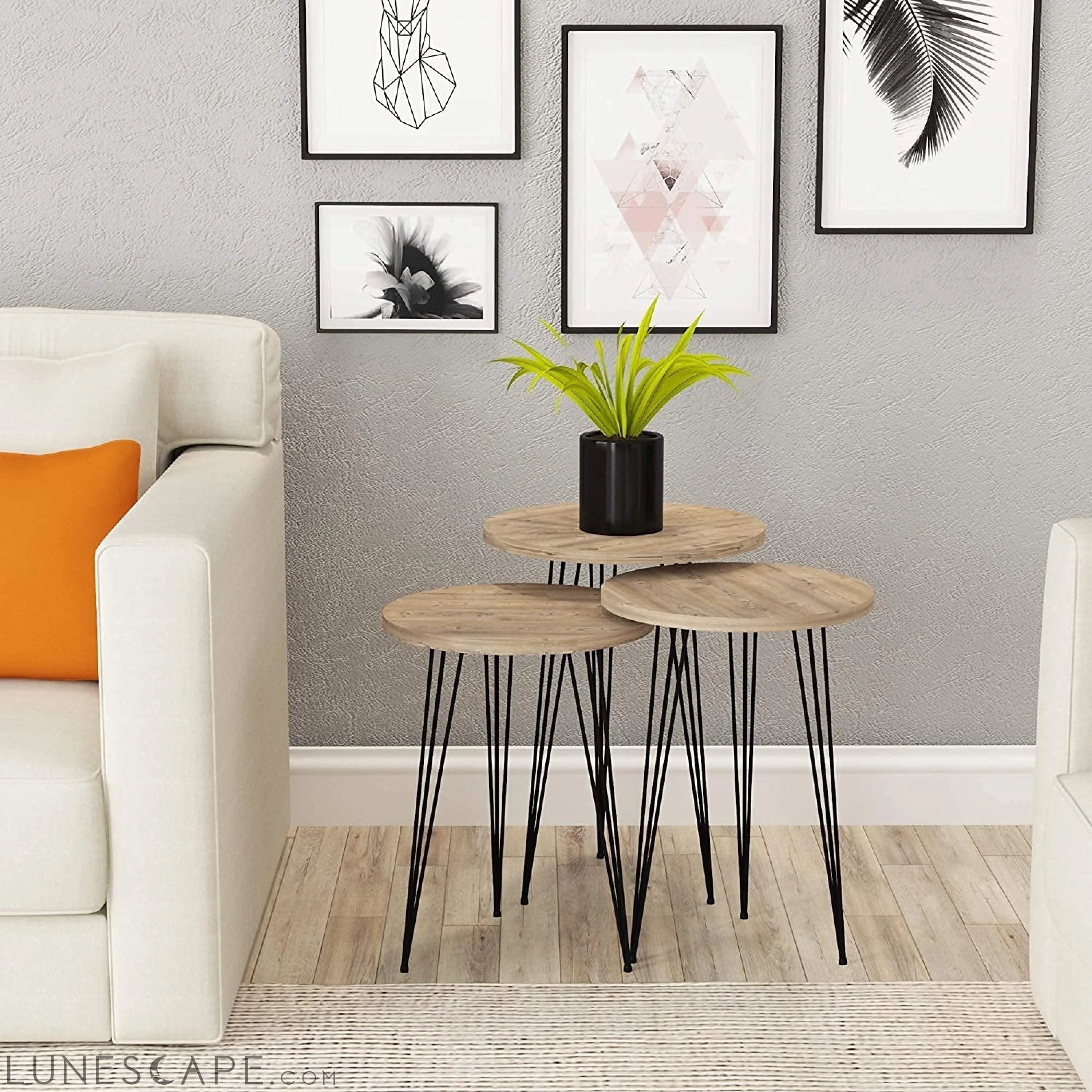 Grey Pine Wood Nesting End Tables Set of 3 LUNESCAPE