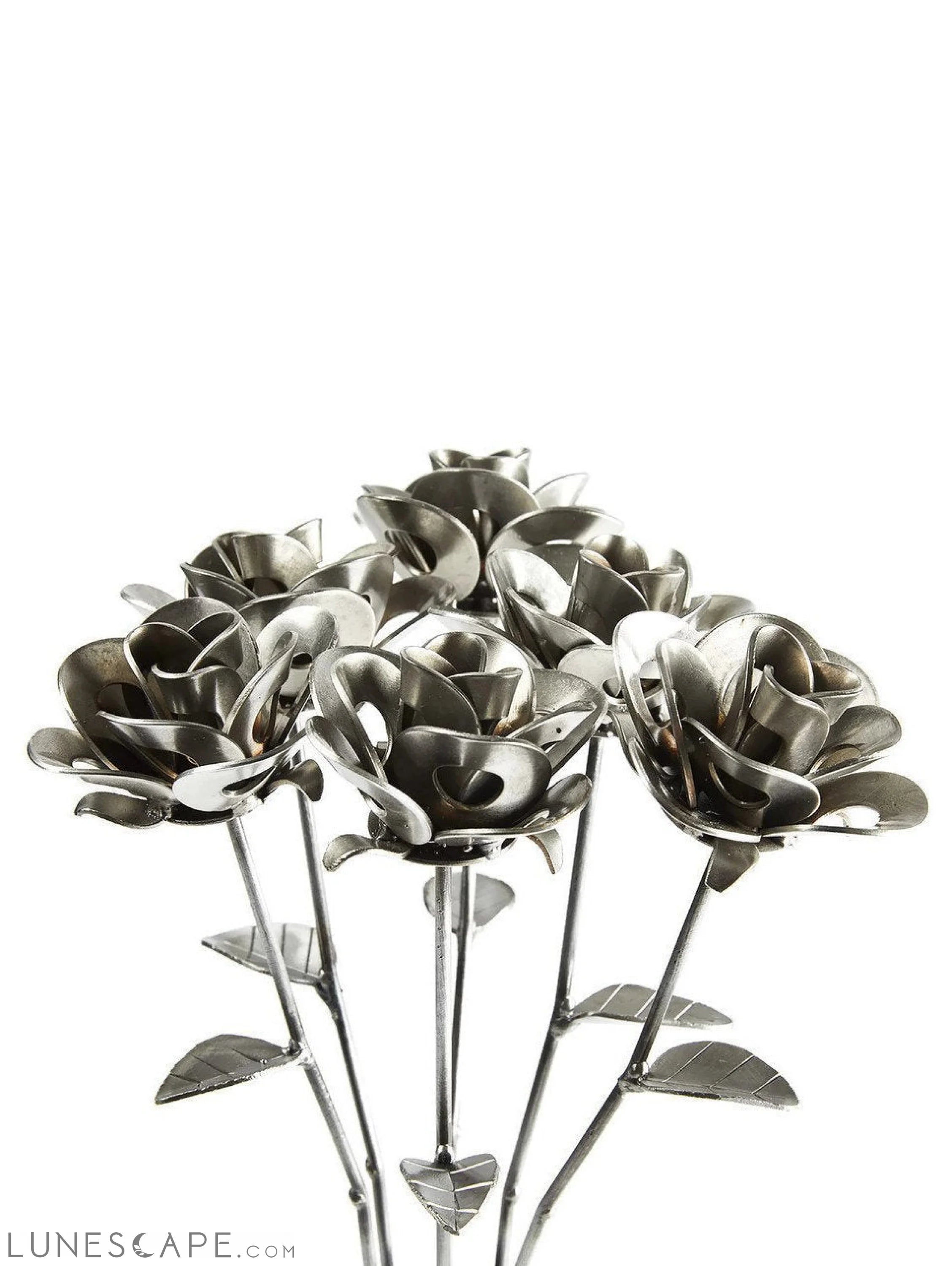 Half Dozen Metal Roses and Vase, Six Recycled Metal Roses and Vase, LUNESCAPE