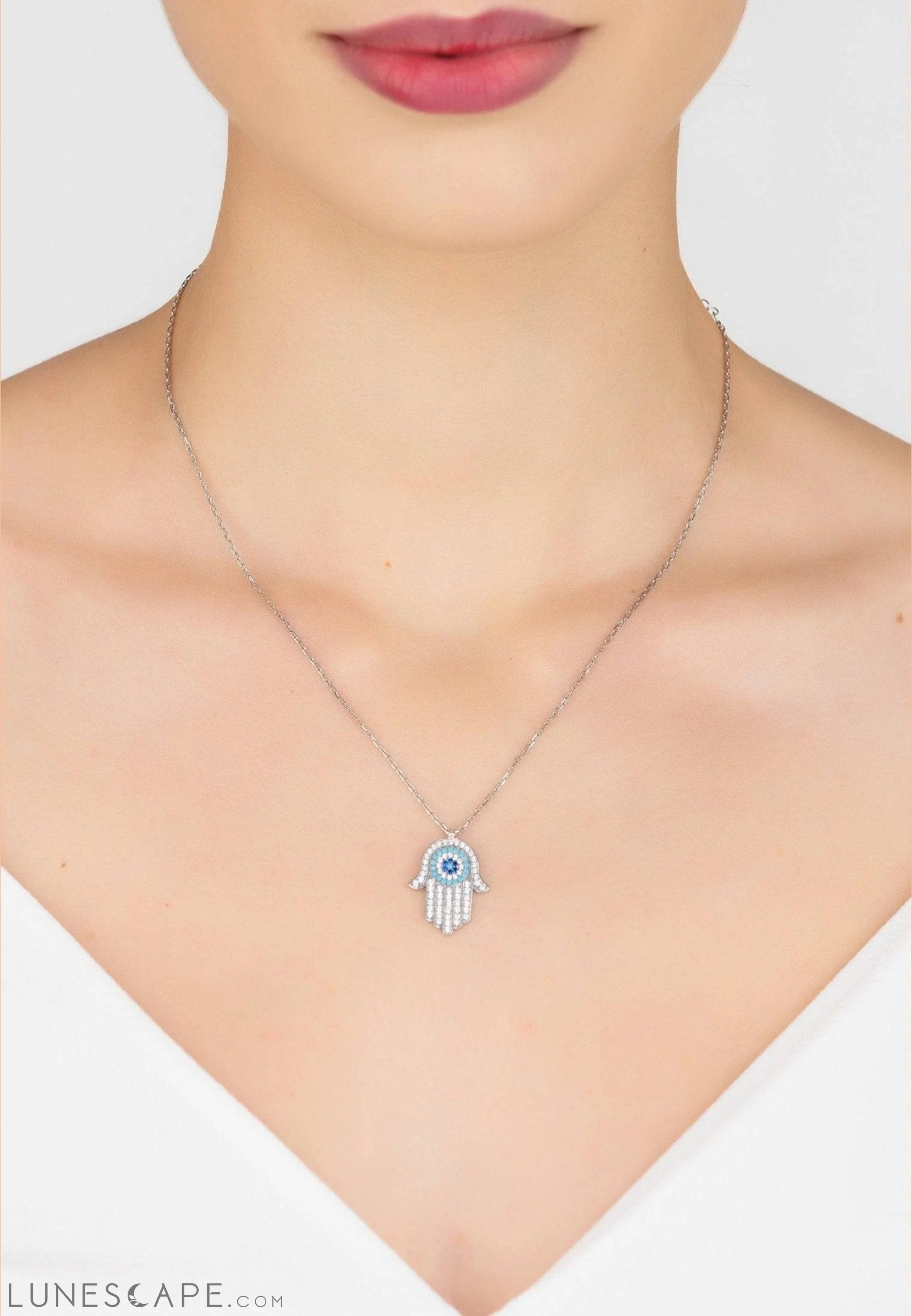 Hamsa Hand With Evil Eye Pendant Necklace Turquoise Silver LUNESCAPE