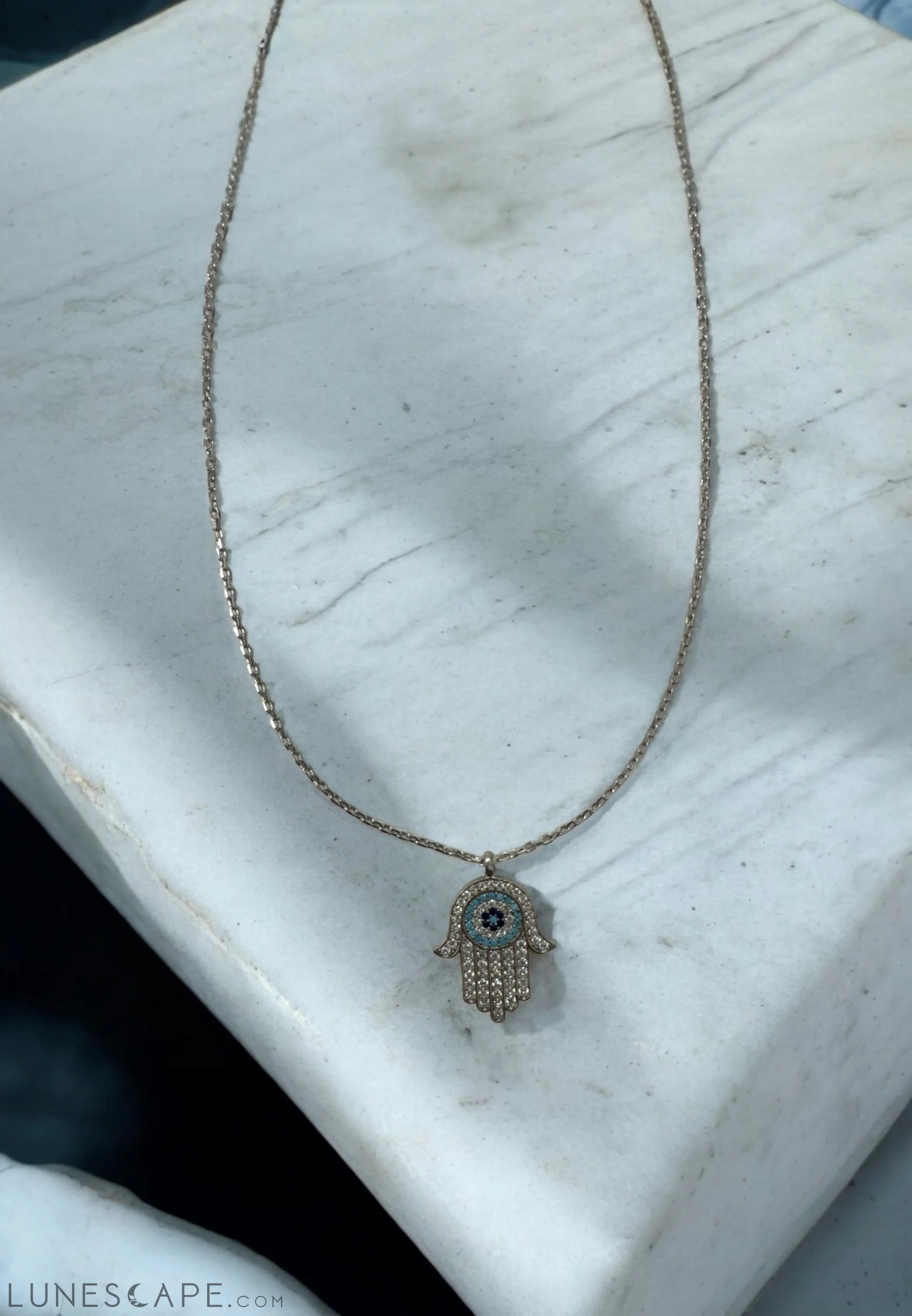 Hamsa Hand With Evil Eye Pendant Necklace Turquoise Silver LUNESCAPE