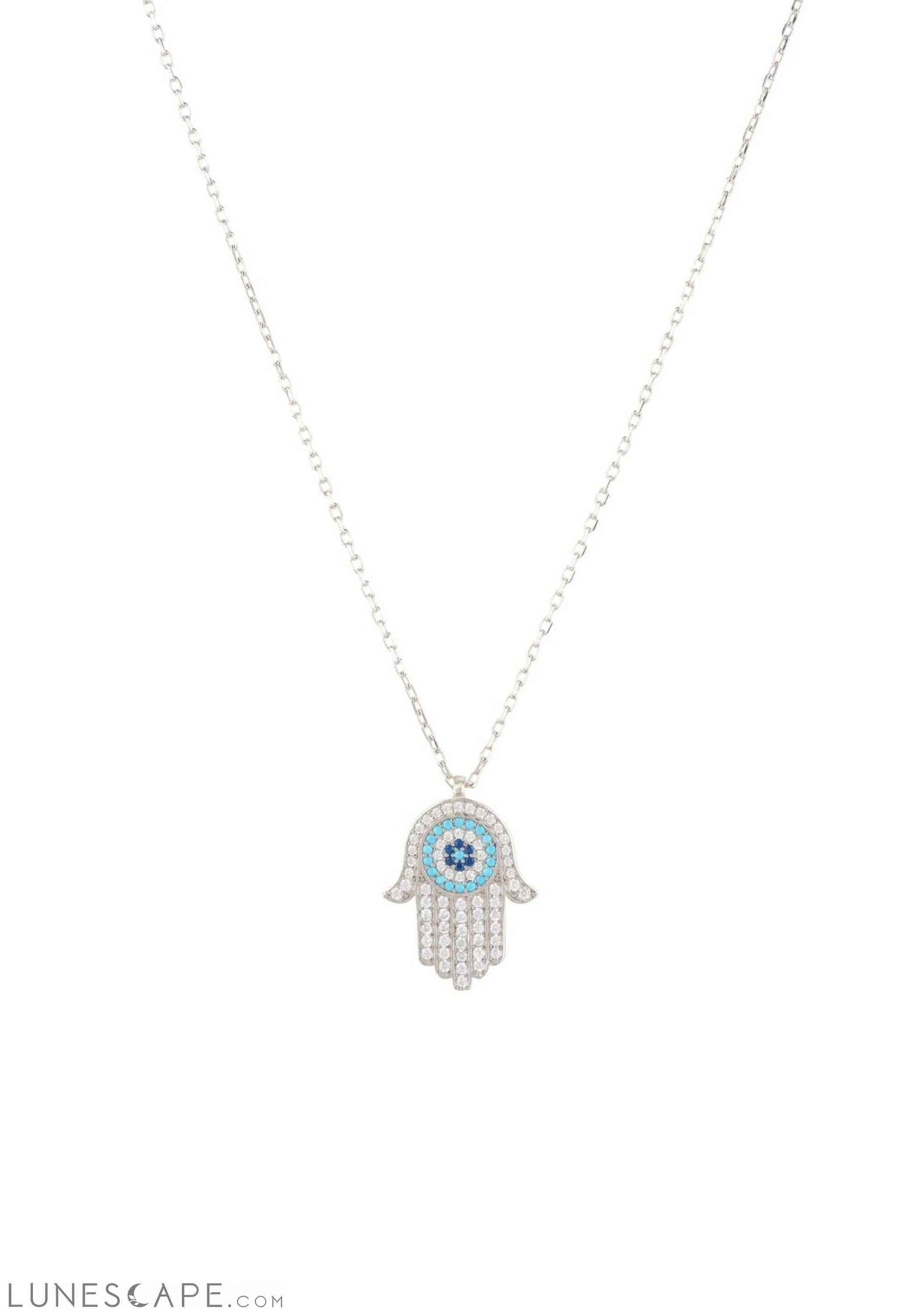 Hamsa Hand With Evil Eye Pendant Necklace Turquoise Silver LUNESCAPE