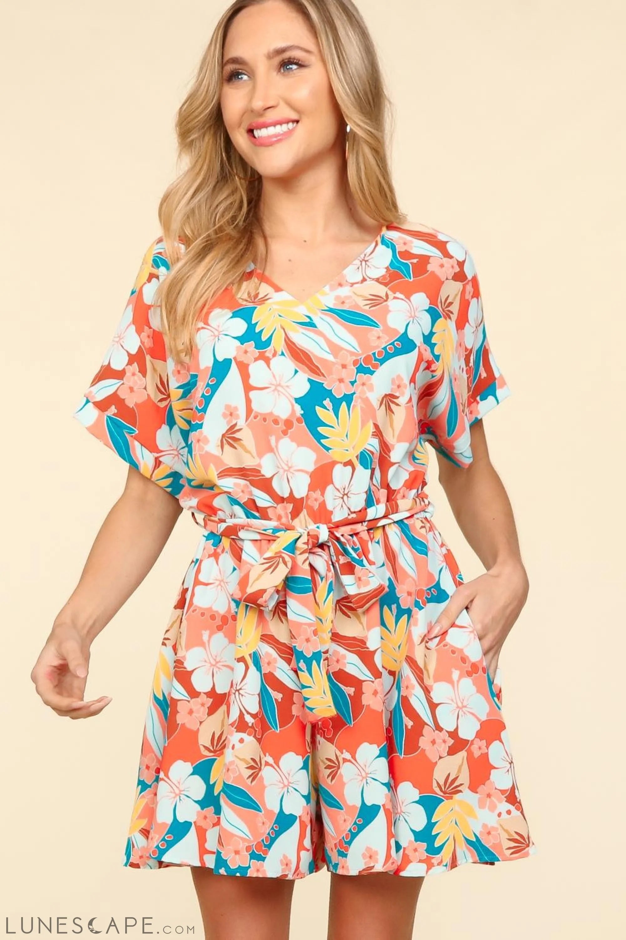 Haptics Tropical Floral Short Sleeve Tied Romper LUNESCAPE