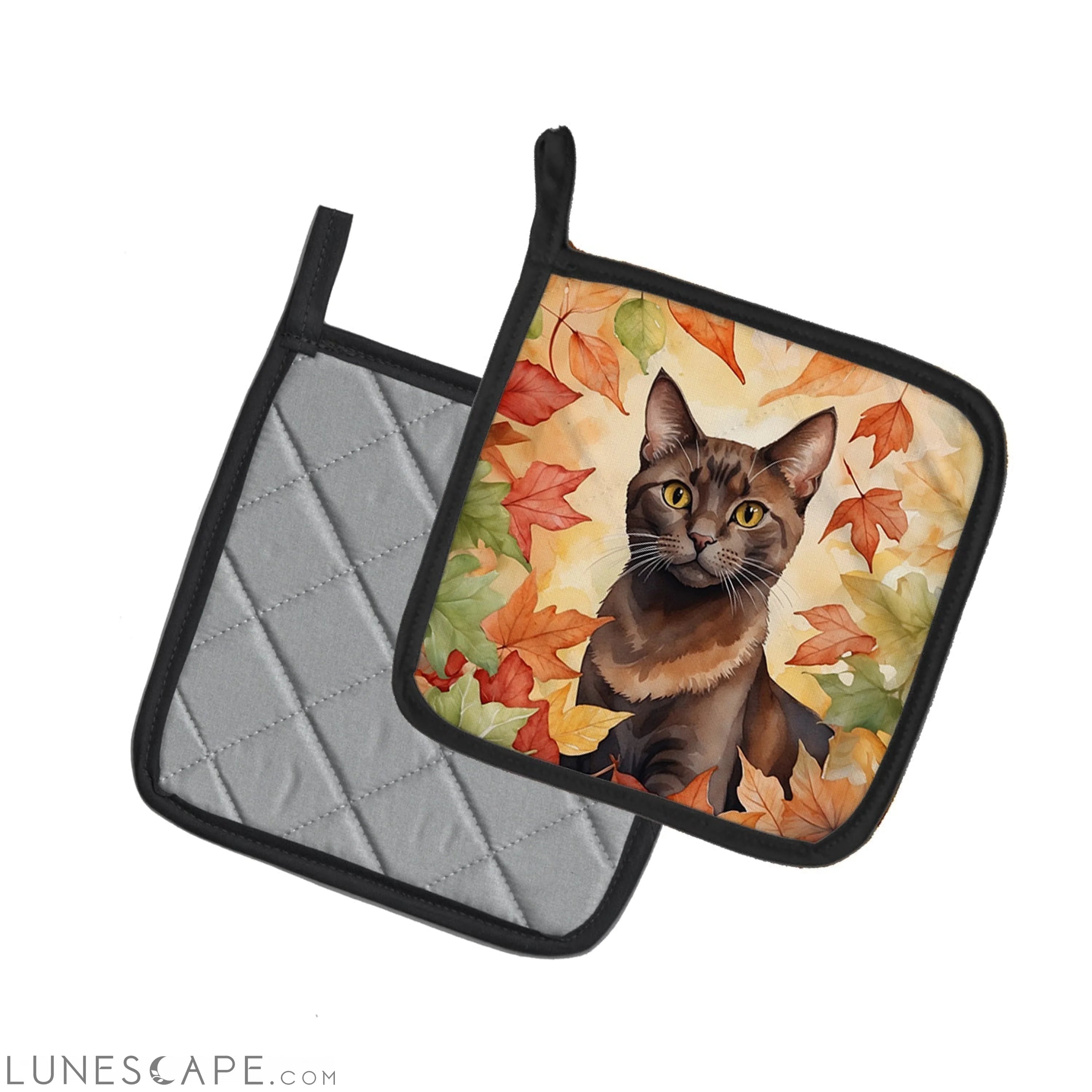 Havana Brown Cat in Fall Leaves Pair of Pot Holders LUNESCAPE