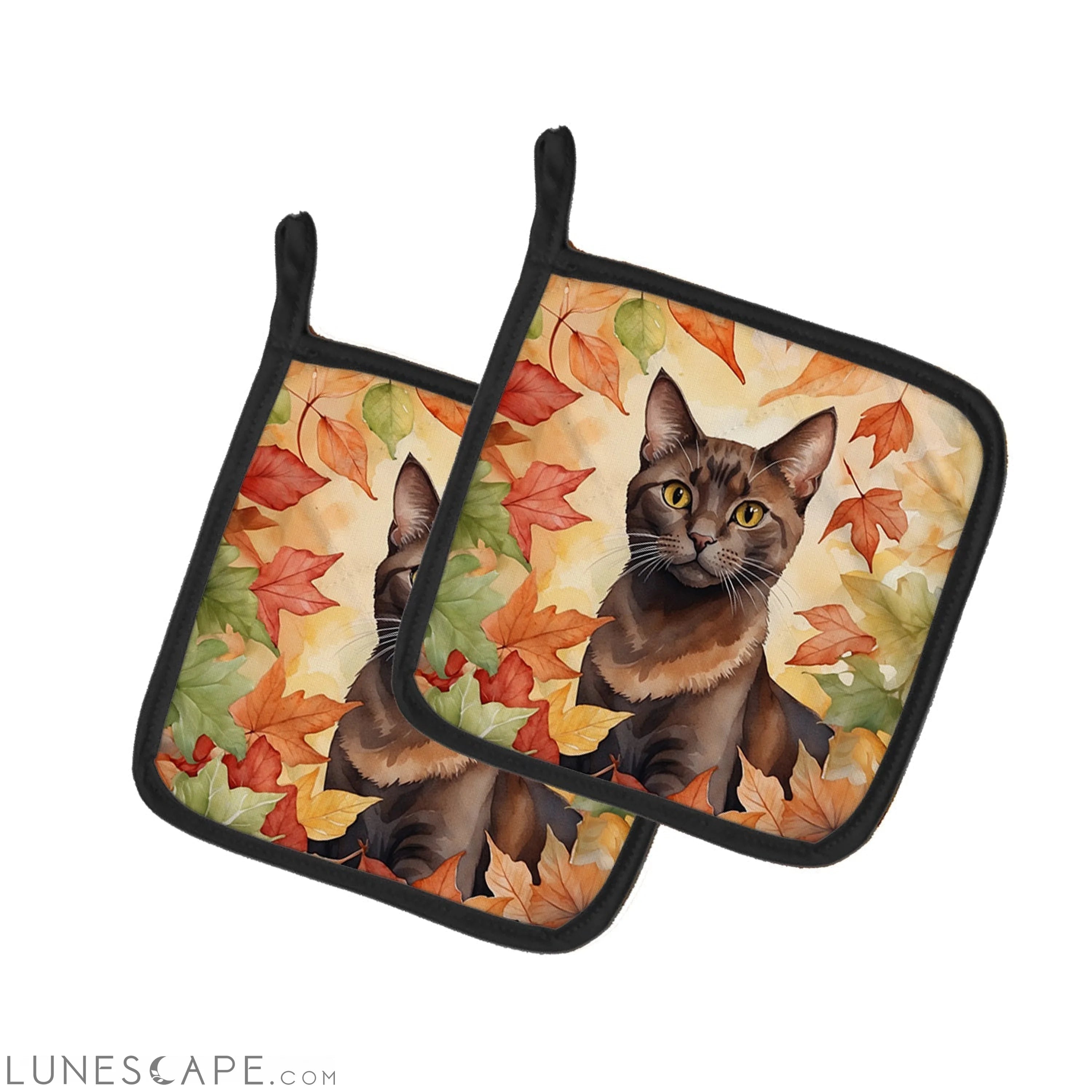 Havana Brown Cat in Fall Leaves Pair of Pot Holders LUNESCAPE