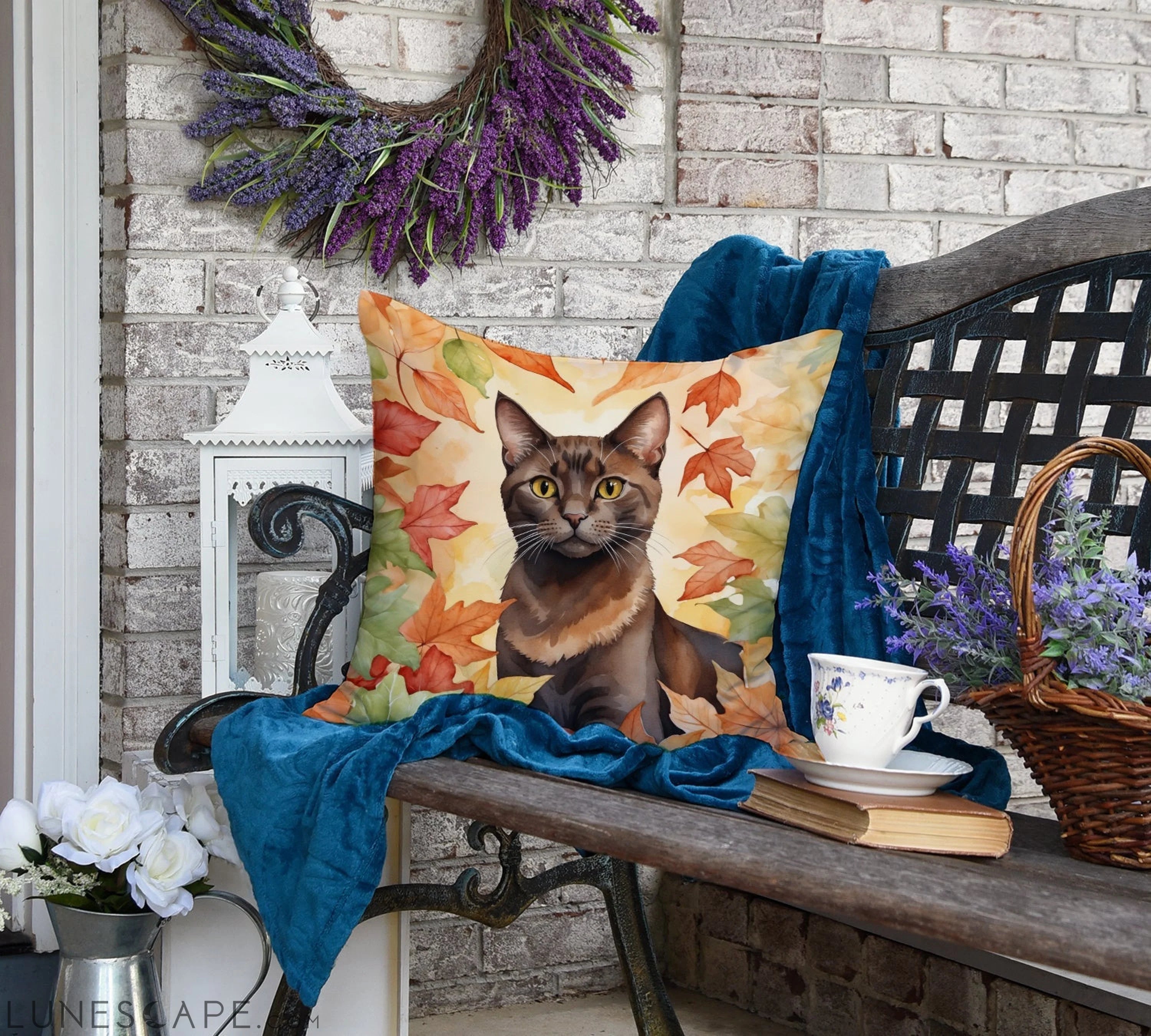 Havana Brown Cat in Fall Leaves Throw Pillow LUNESCAPE