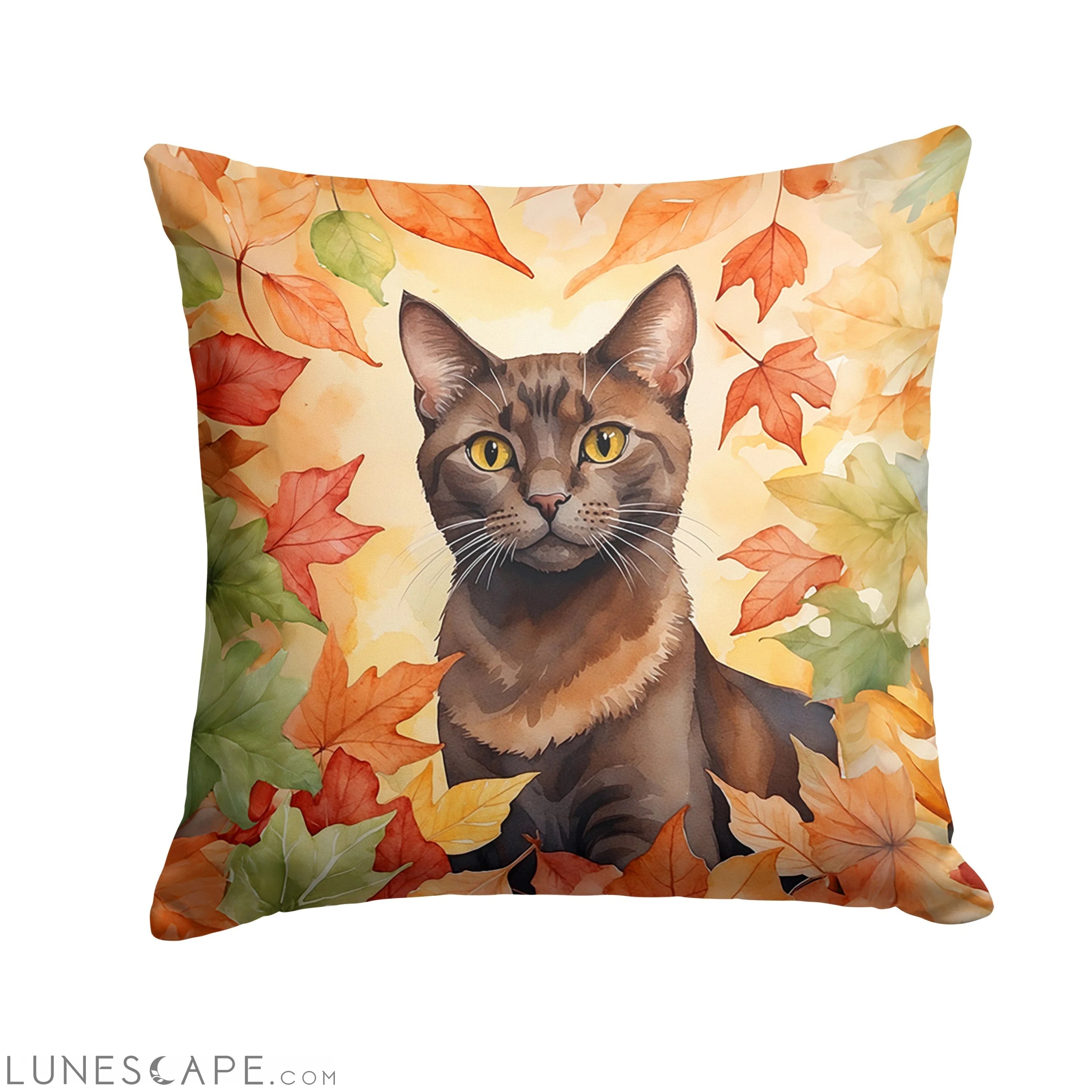 Havana Brown Cat in Fall Leaves Throw Pillow LUNESCAPE