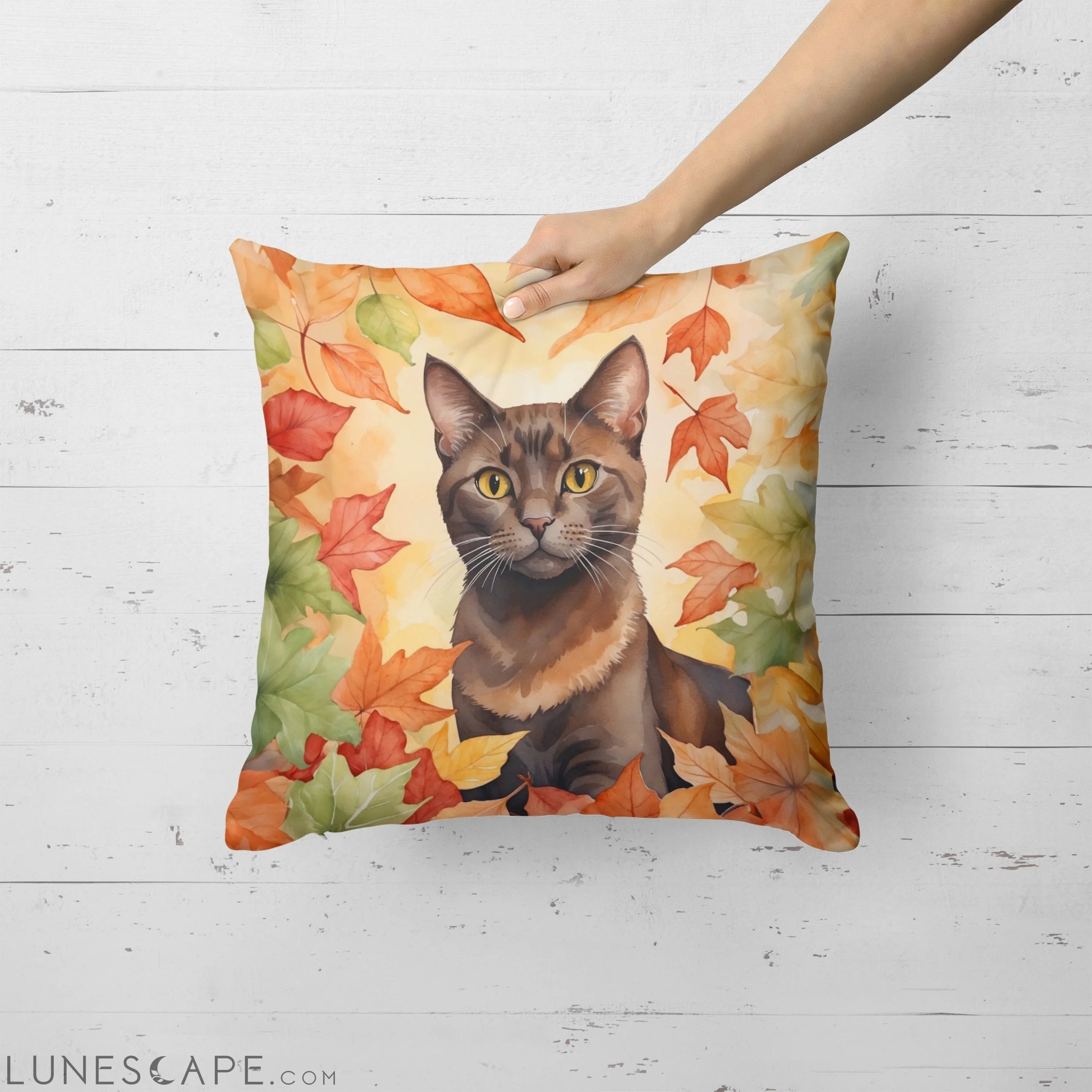 Havana Brown Cat in Fall Leaves Throw Pillow LUNESCAPE