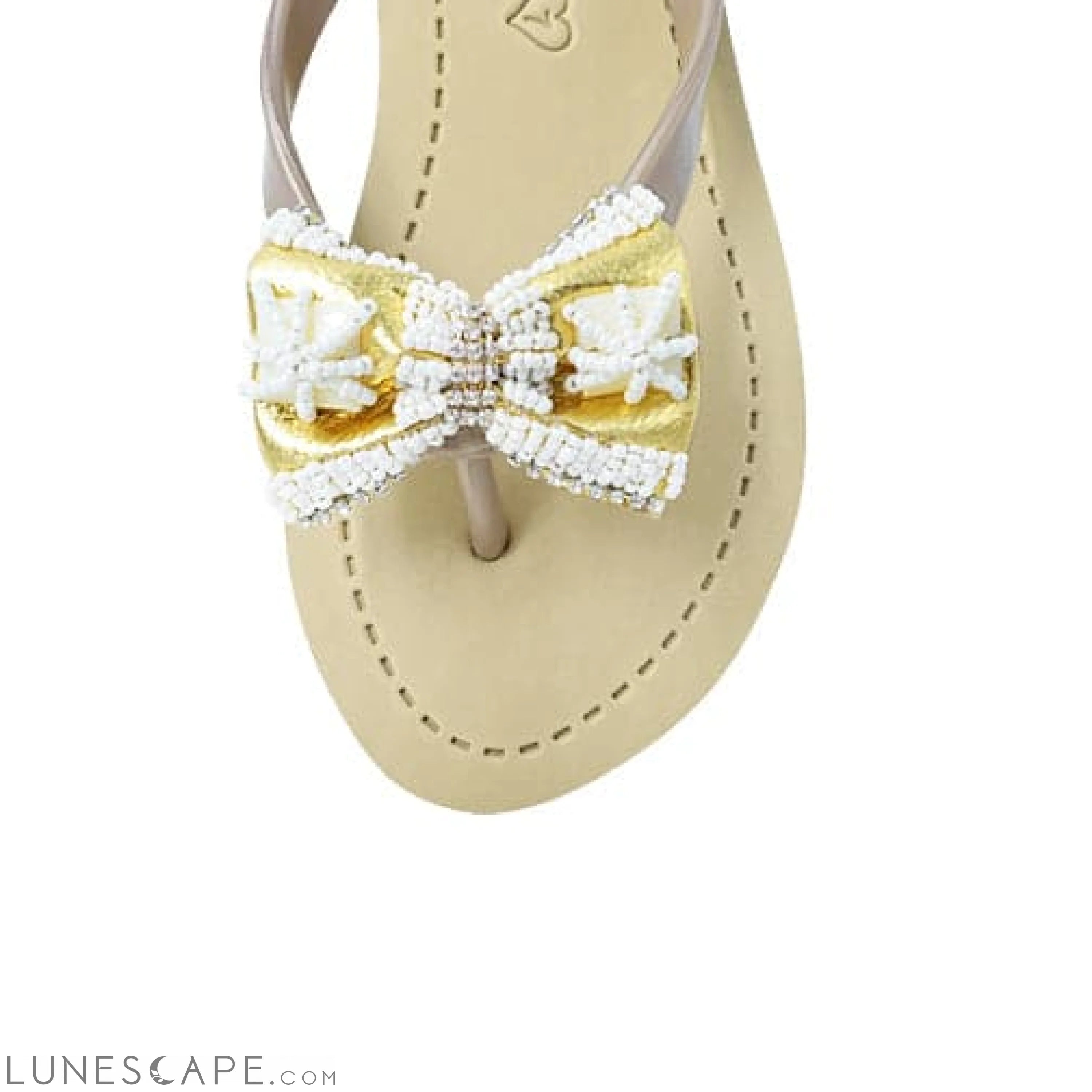 High Line -  Pearl & Gold Bow Embroidery Mid Wedge Flip Flops Sandals LUNESCAPE