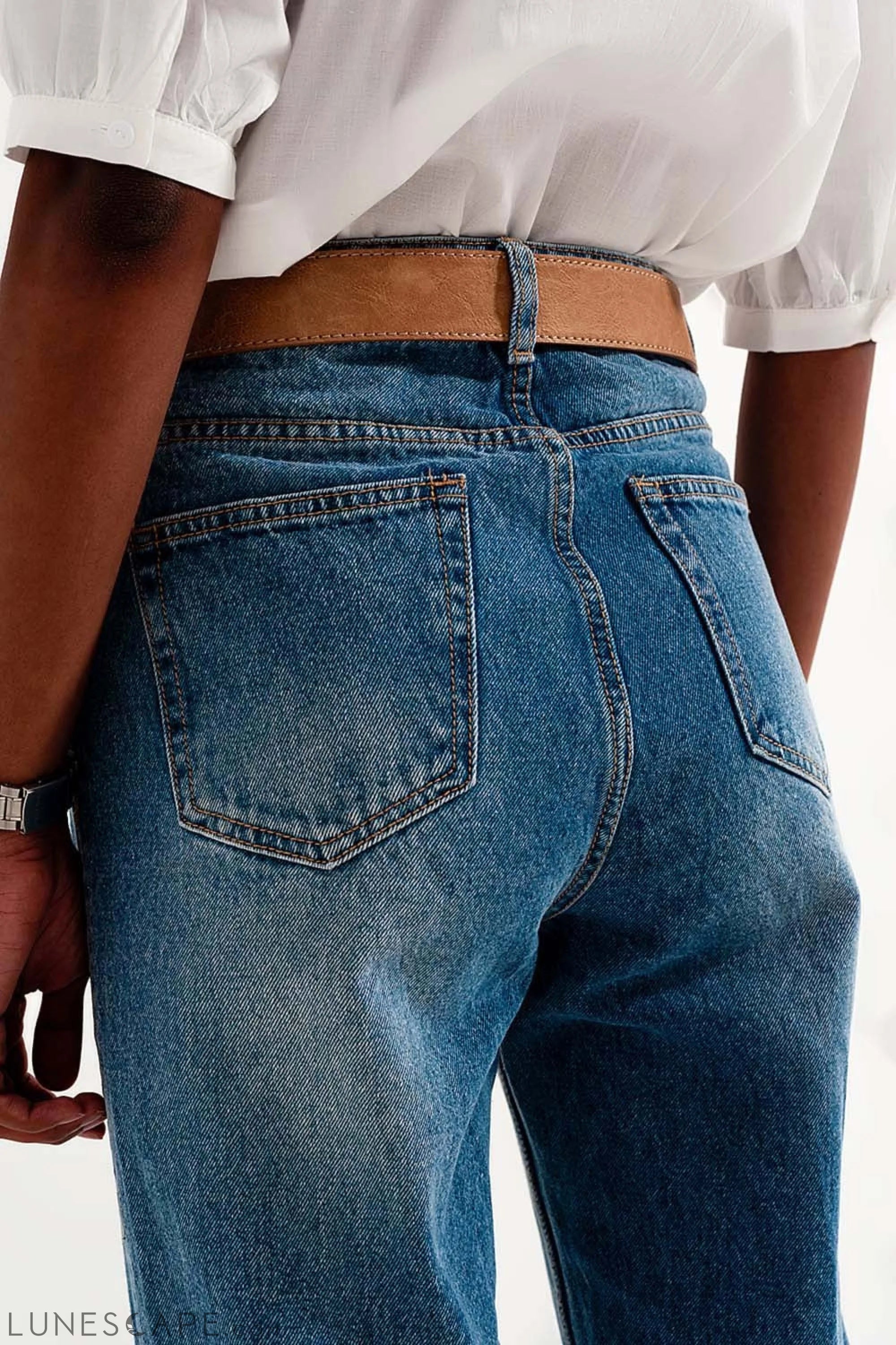 High Rise Slim Mom Jeans in Midwash With Rips LUNESCAPE