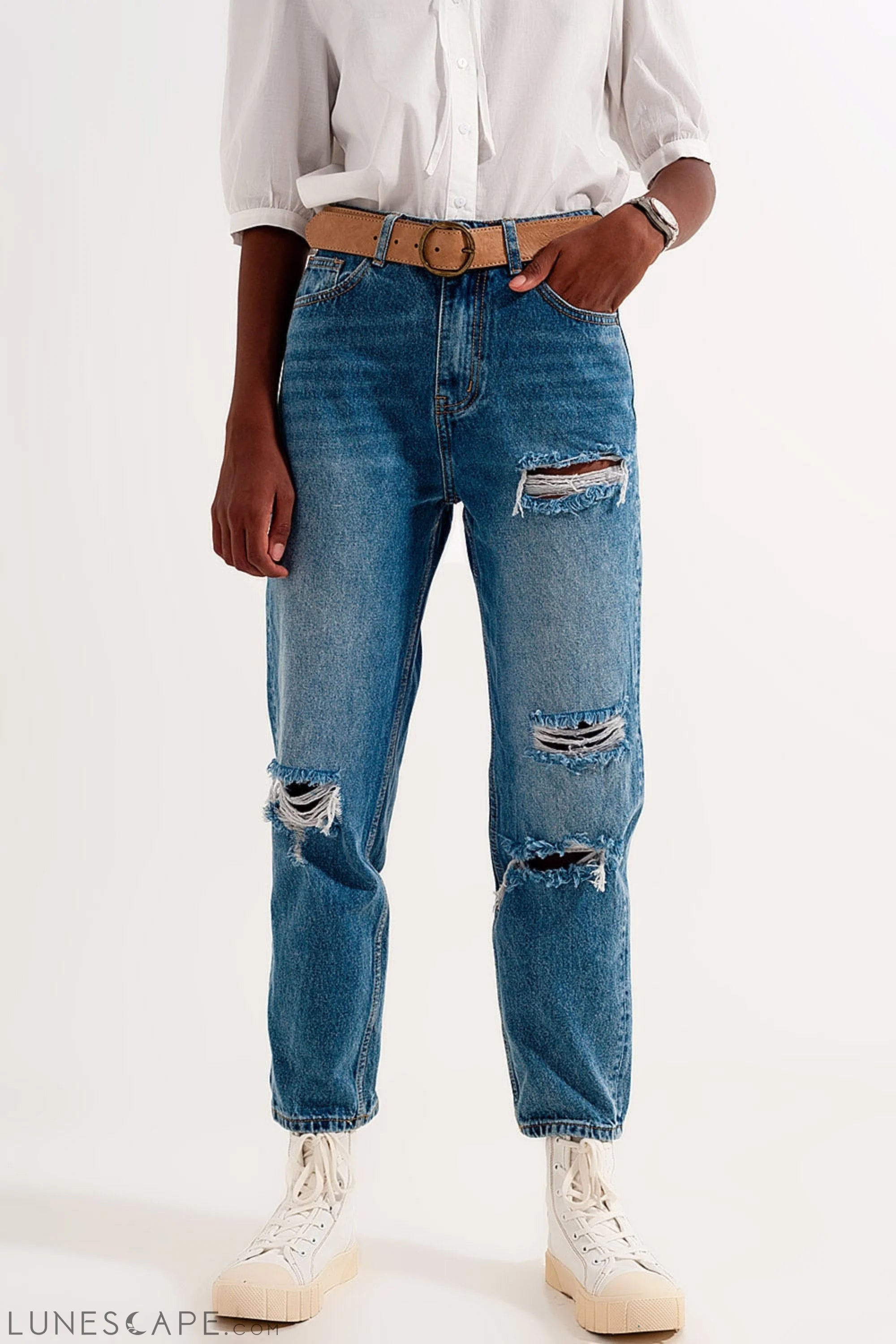 High Rise Slim Mom Jeans in Midwash With Rips LUNESCAPE