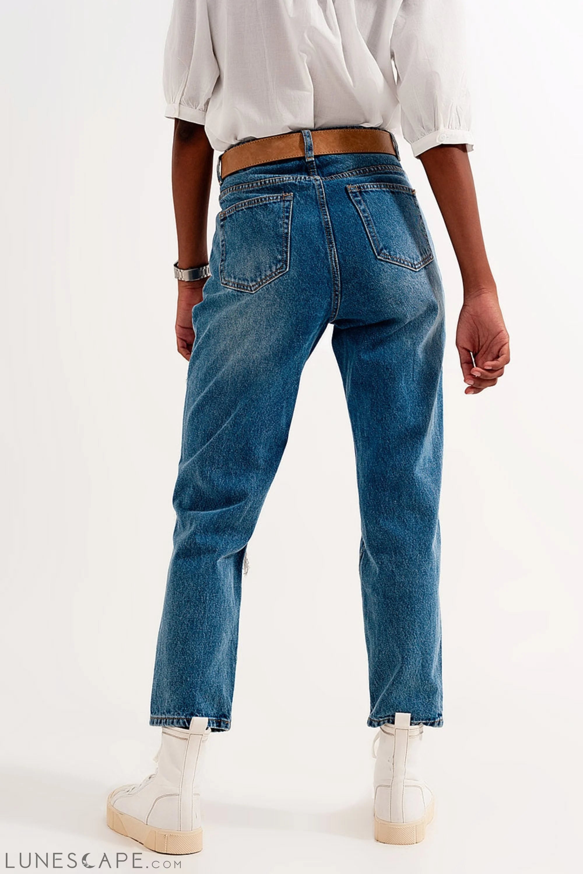 High Rise Slim Mom Jeans in Midwash With Rips LUNESCAPE