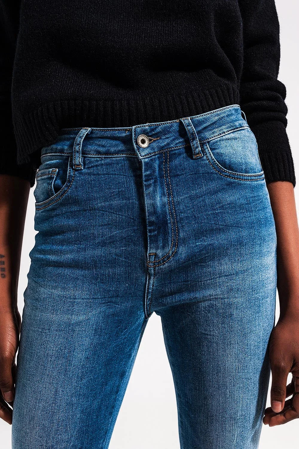 High Waist Elastic Skinny Jeans in Mid Blue LUNESCAPE
