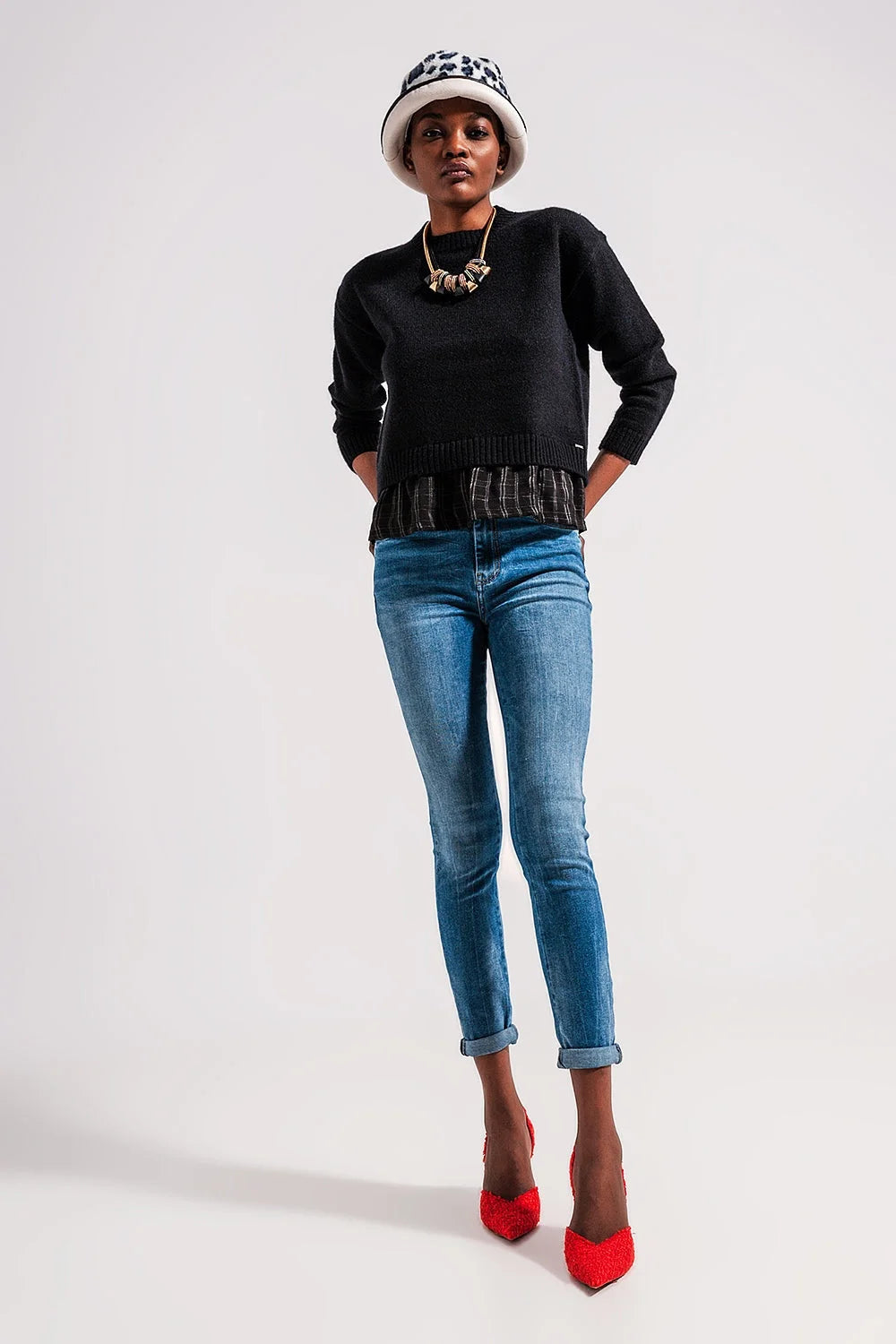 High Waist Elastic Skinny Jeans in Mid Blue LUNESCAPE