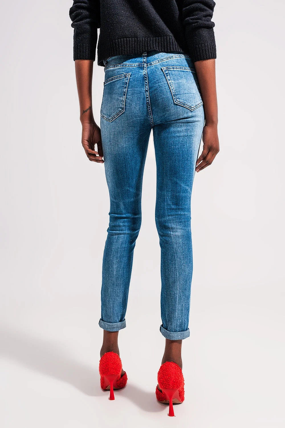 High Waist Elastic Skinny Jeans in Mid Blue LUNESCAPE