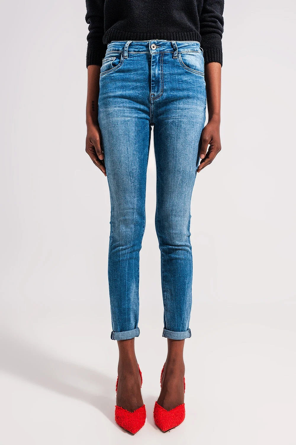 High Waist Elastic Skinny Jeans in Mid Blue LUNESCAPE