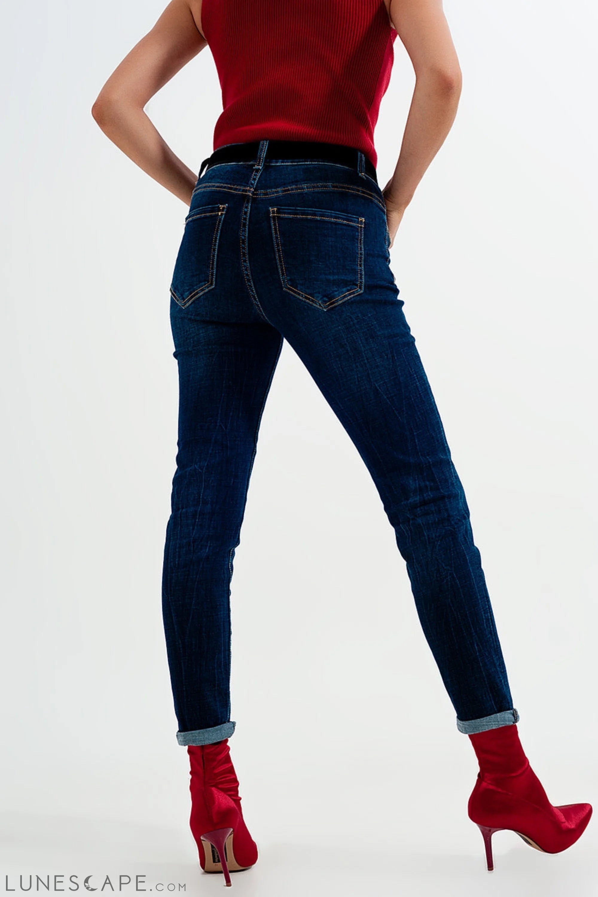 High Waisted Skinny Jeans in Mid Blue Wash LUNESCAPE