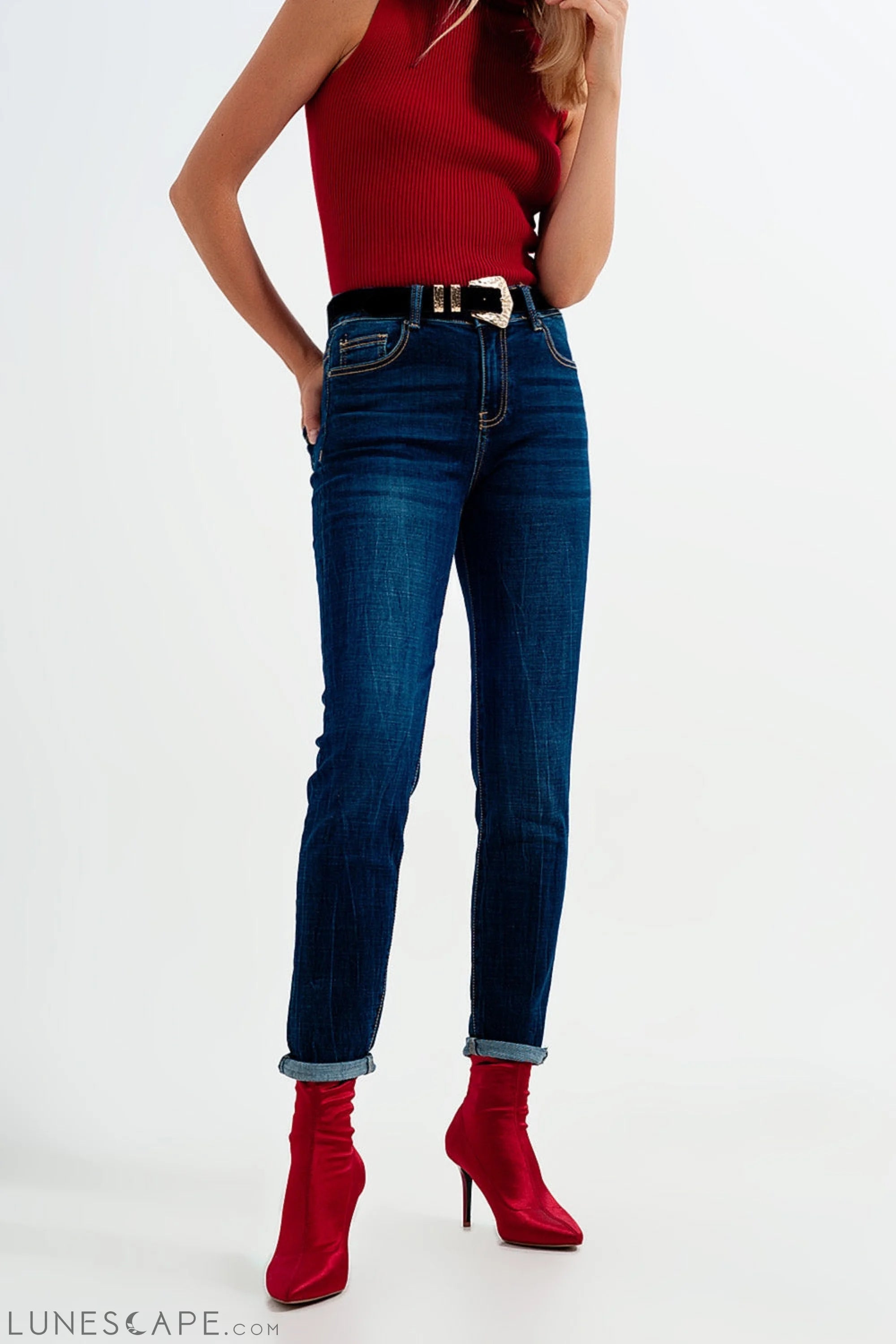 High Waisted Skinny Jeans in Mid Blue Wash LUNESCAPE