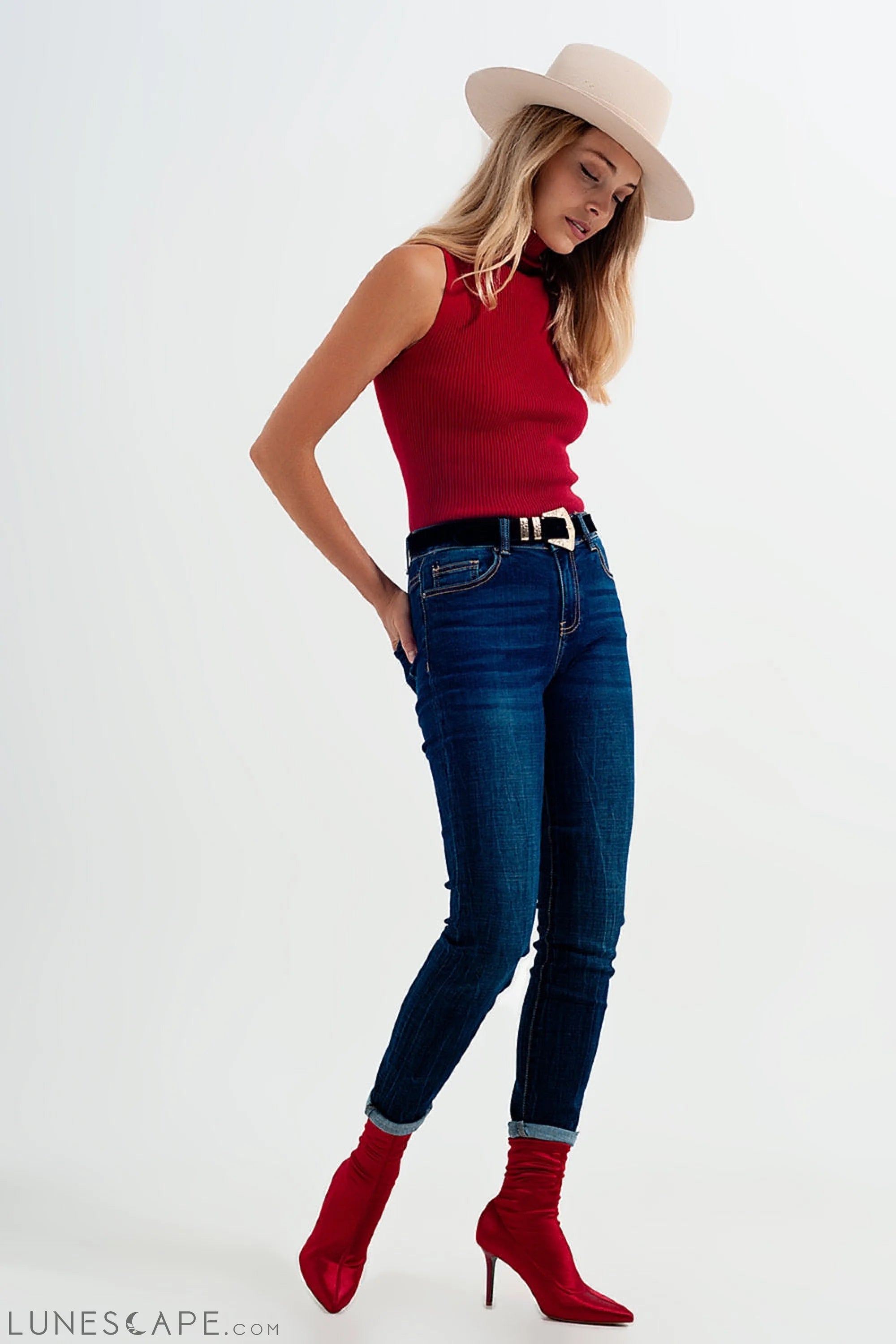 High Waisted Skinny Jeans in Mid Blue Wash LUNESCAPE