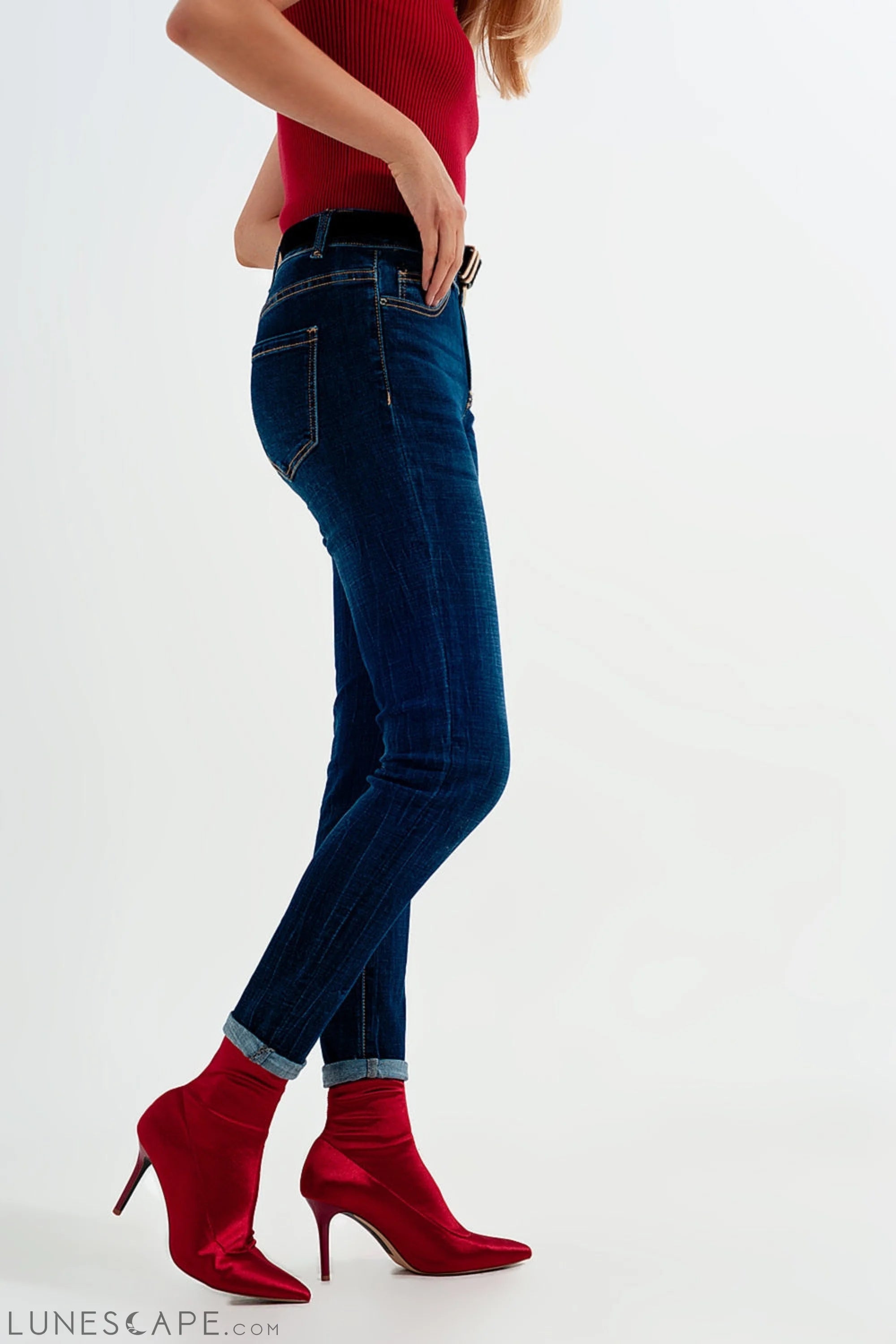 High Waisted Skinny Jeans in Mid Blue Wash LUNESCAPE