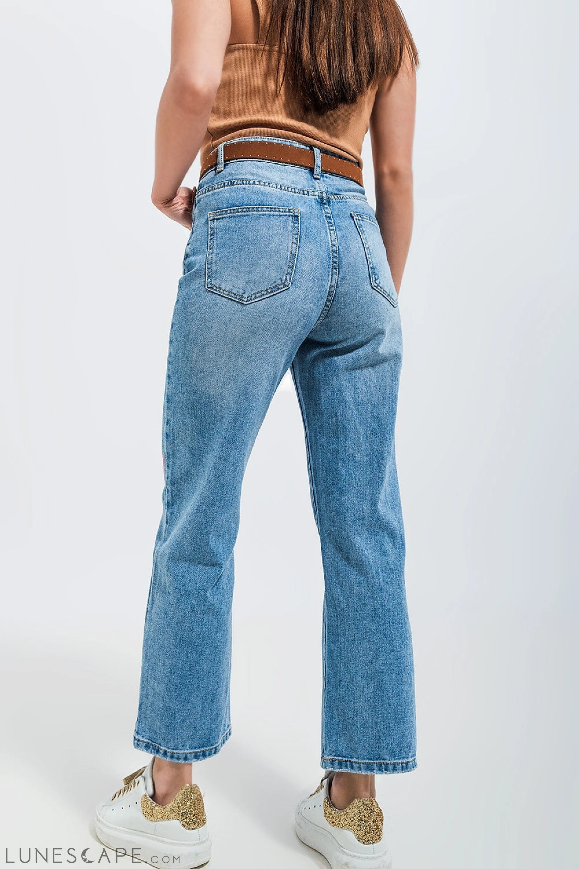 High Waisted Straight Leg Jean With Heart Print in Mid Wash LUNESCAPE