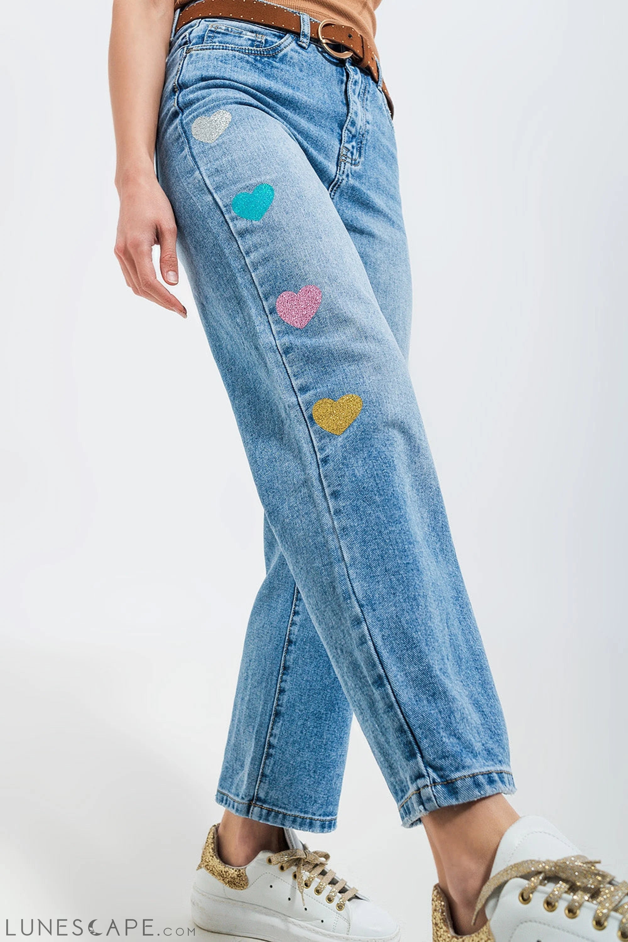 High Waisted Straight Leg Jean With Heart Print in Mid Wash LUNESCAPE