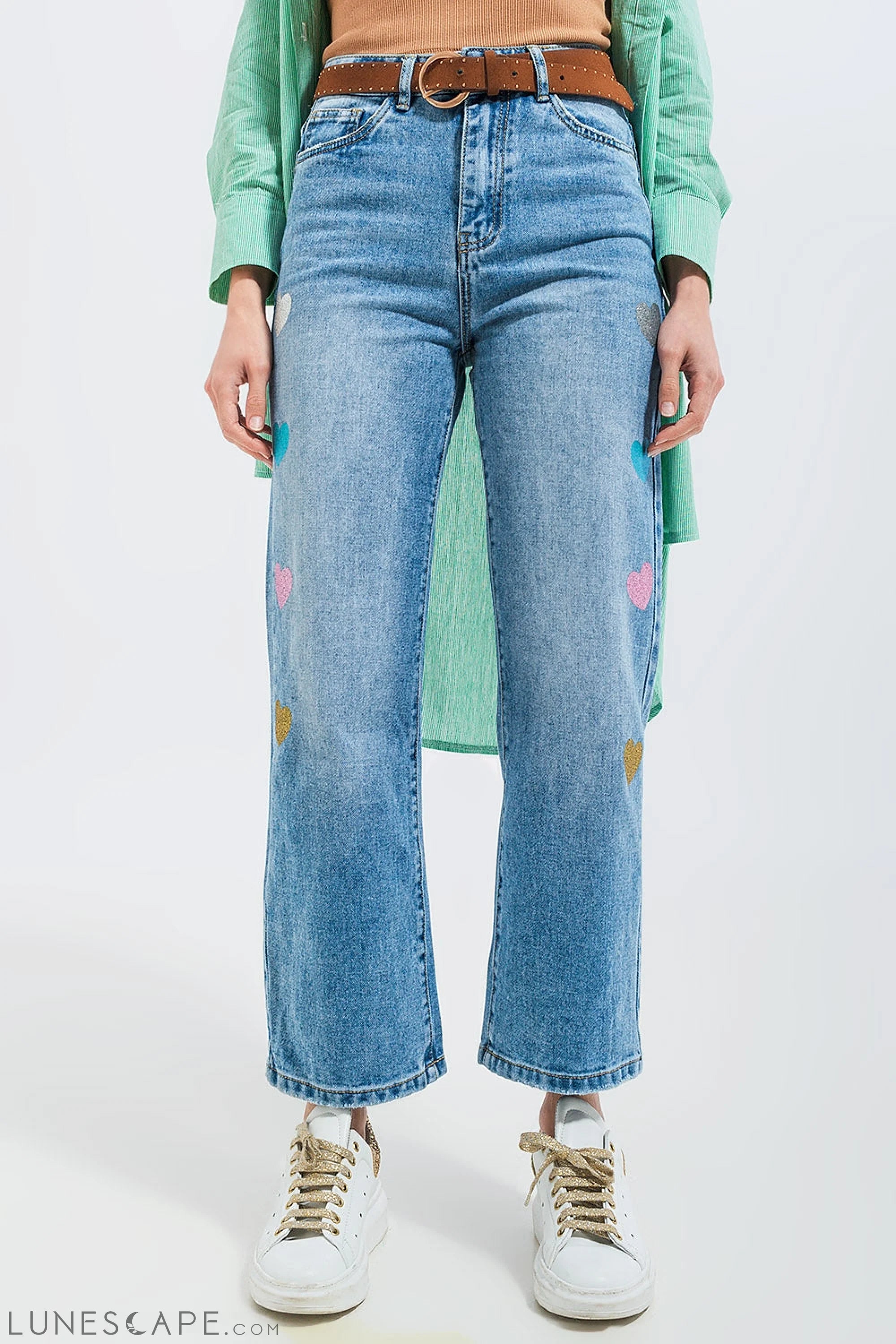 High Waisted Straight Leg Jean With Heart Print in Mid Wash LUNESCAPE